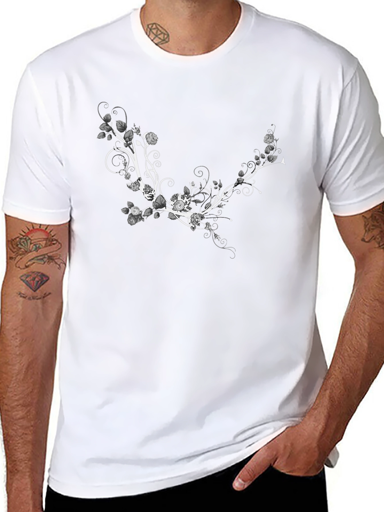 Floral Vine Graphic T-Shirt - Stylish Black Tee