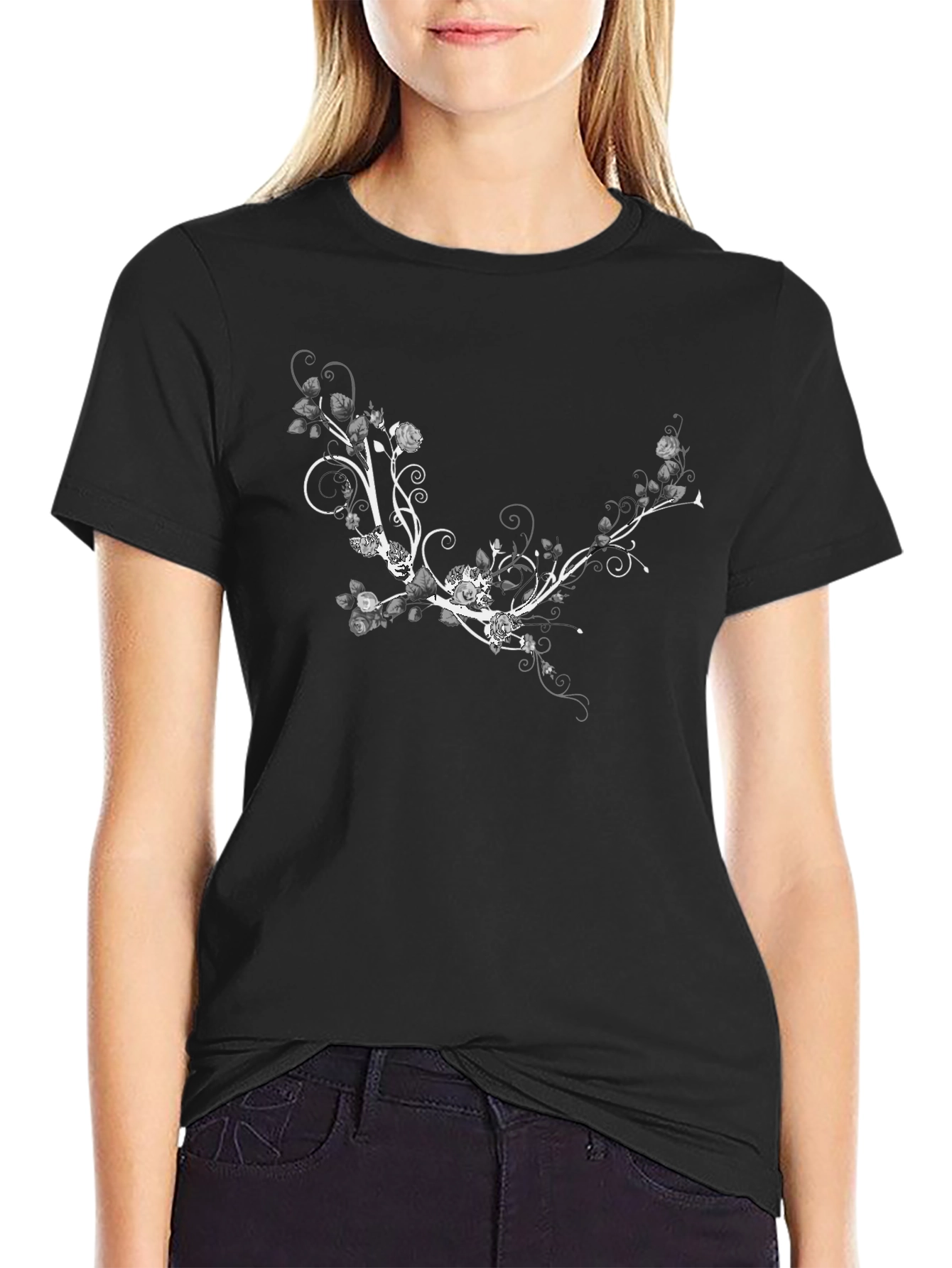 Floral Vine Graphic T-Shirt - Stylish Black Tee