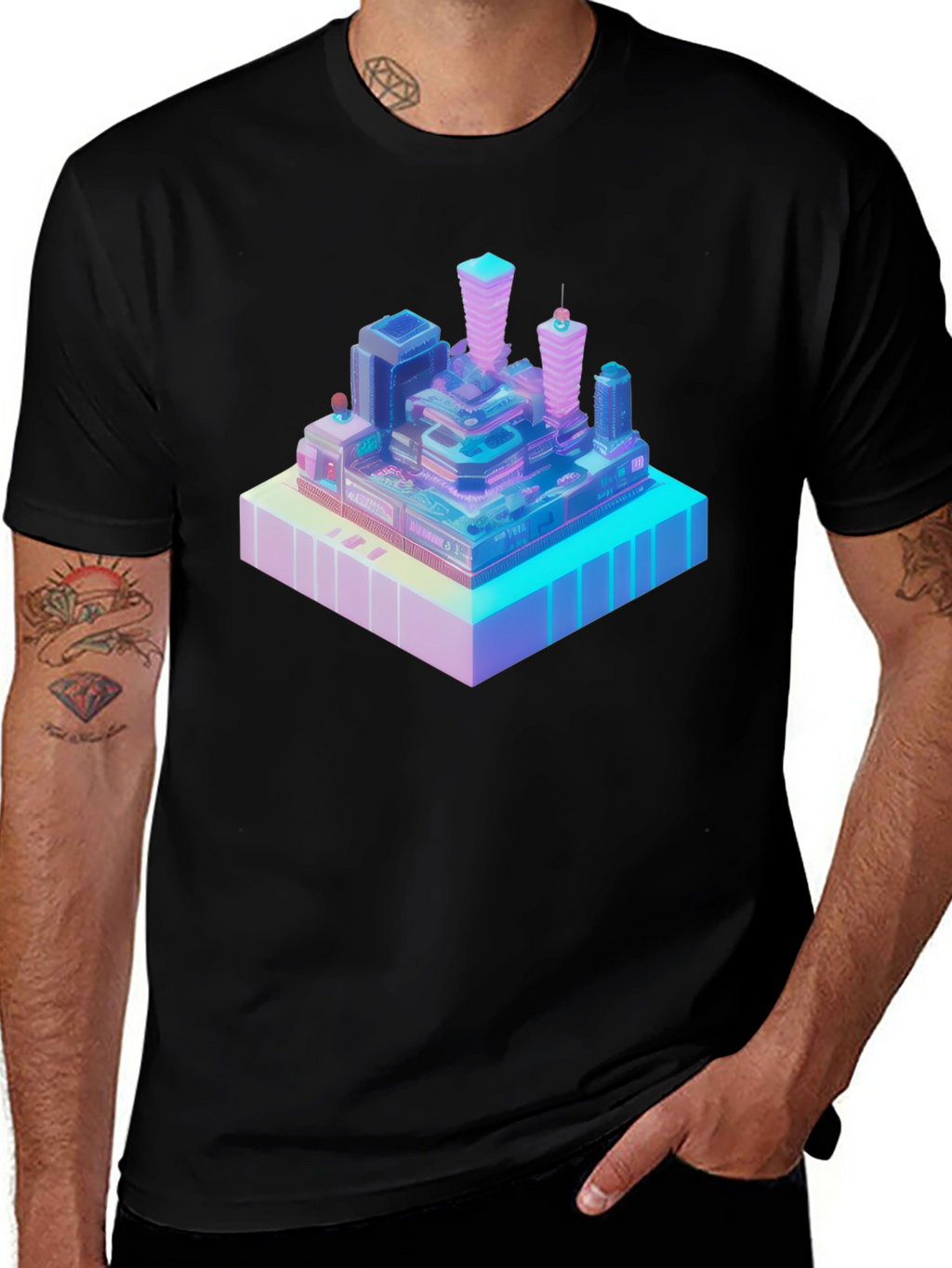 Isometric Cityscape Graphic Tee - Modern Black T-Shirt