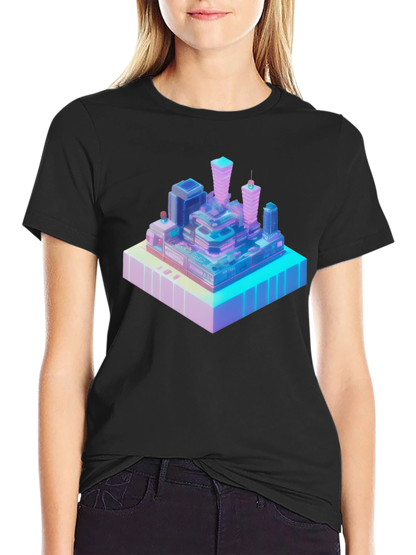Isometric Cityscape Graphic Tee - Modern Black T-Shirt