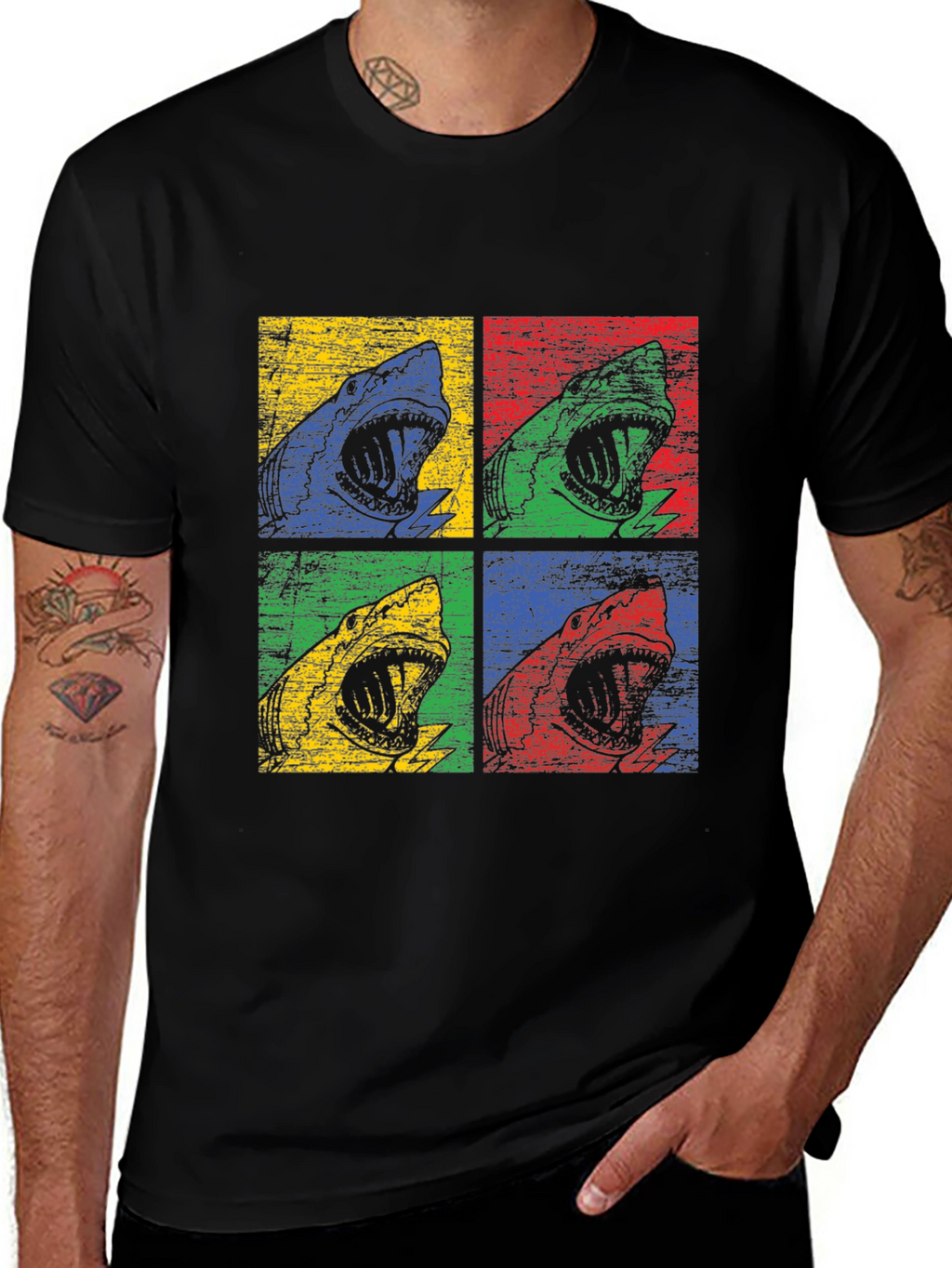 Shark Pop Art Graphic Print Black T-Shirt