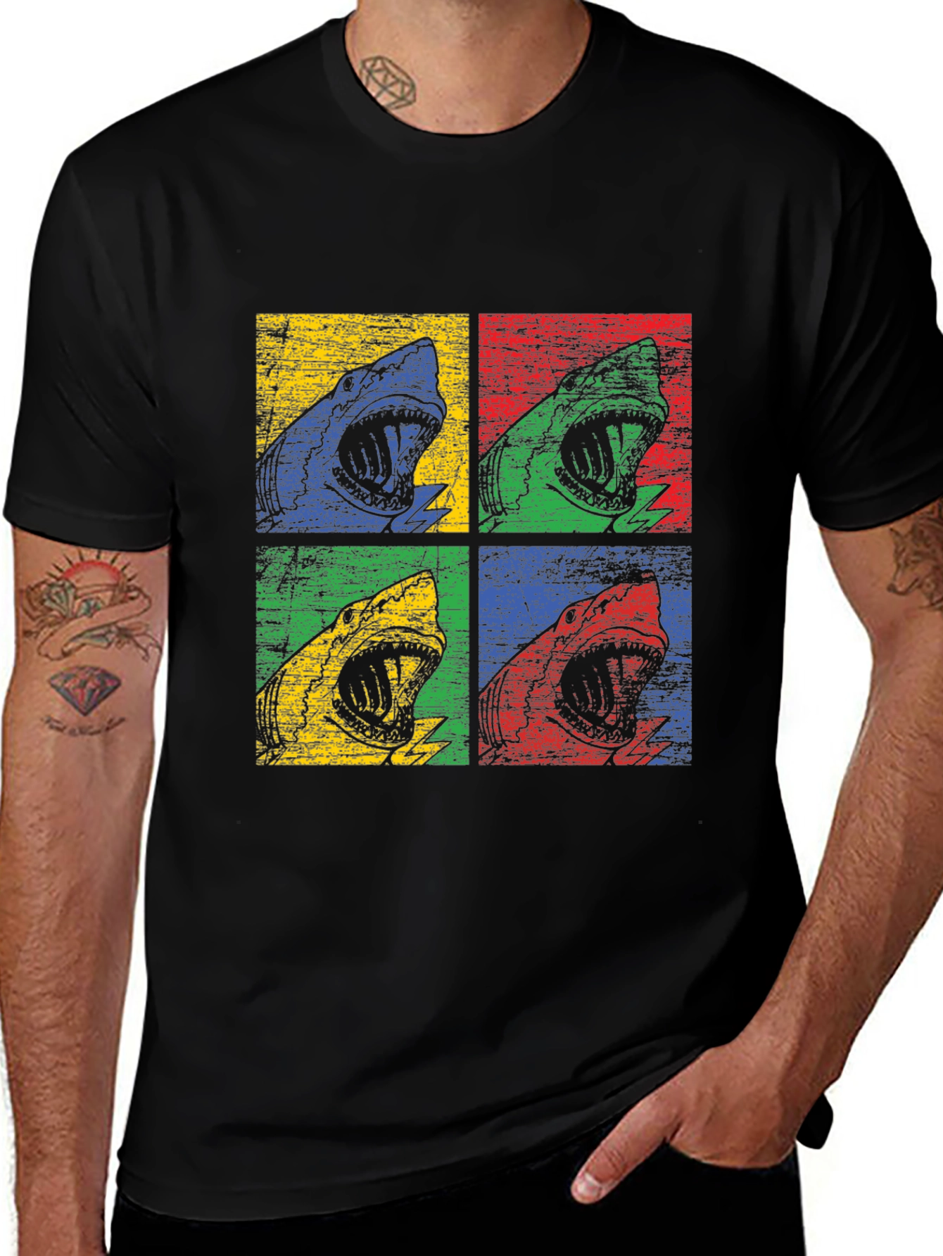 Shark Pop Art Graphic Print Black T-Shirt