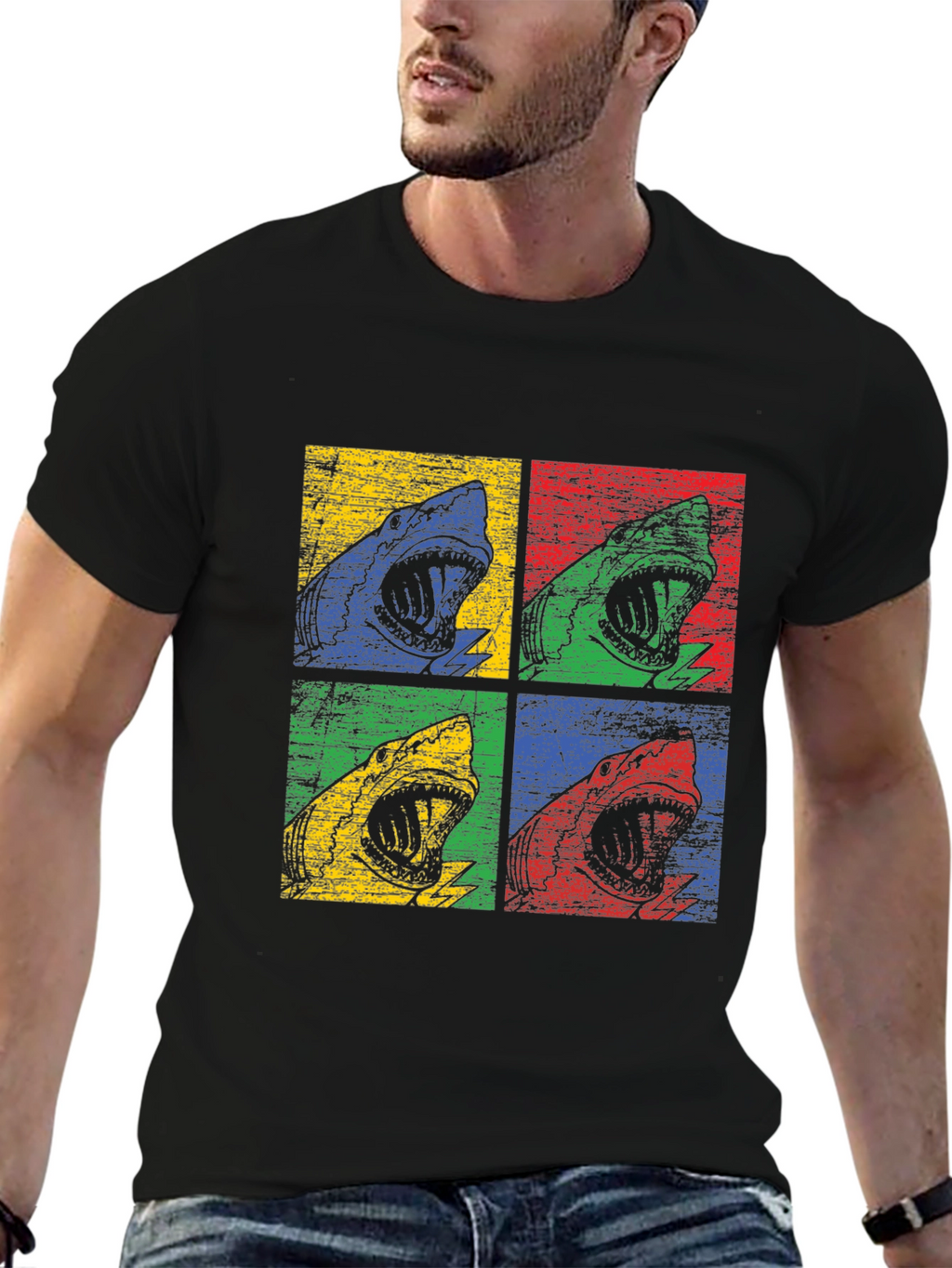 Shark Pop Art Graphic Print Black T-Shirt