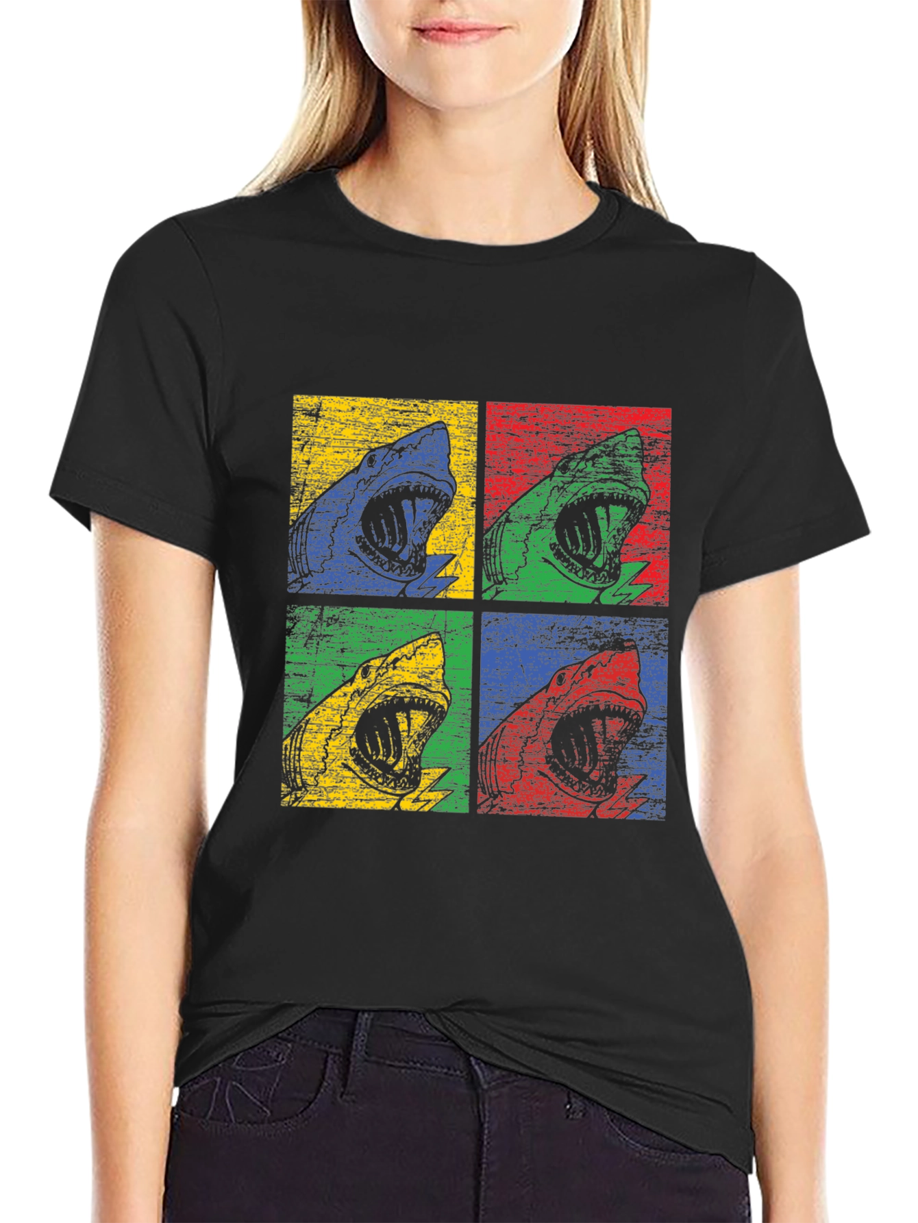 Shark Pop Art Graphic Print Black T-Shirt