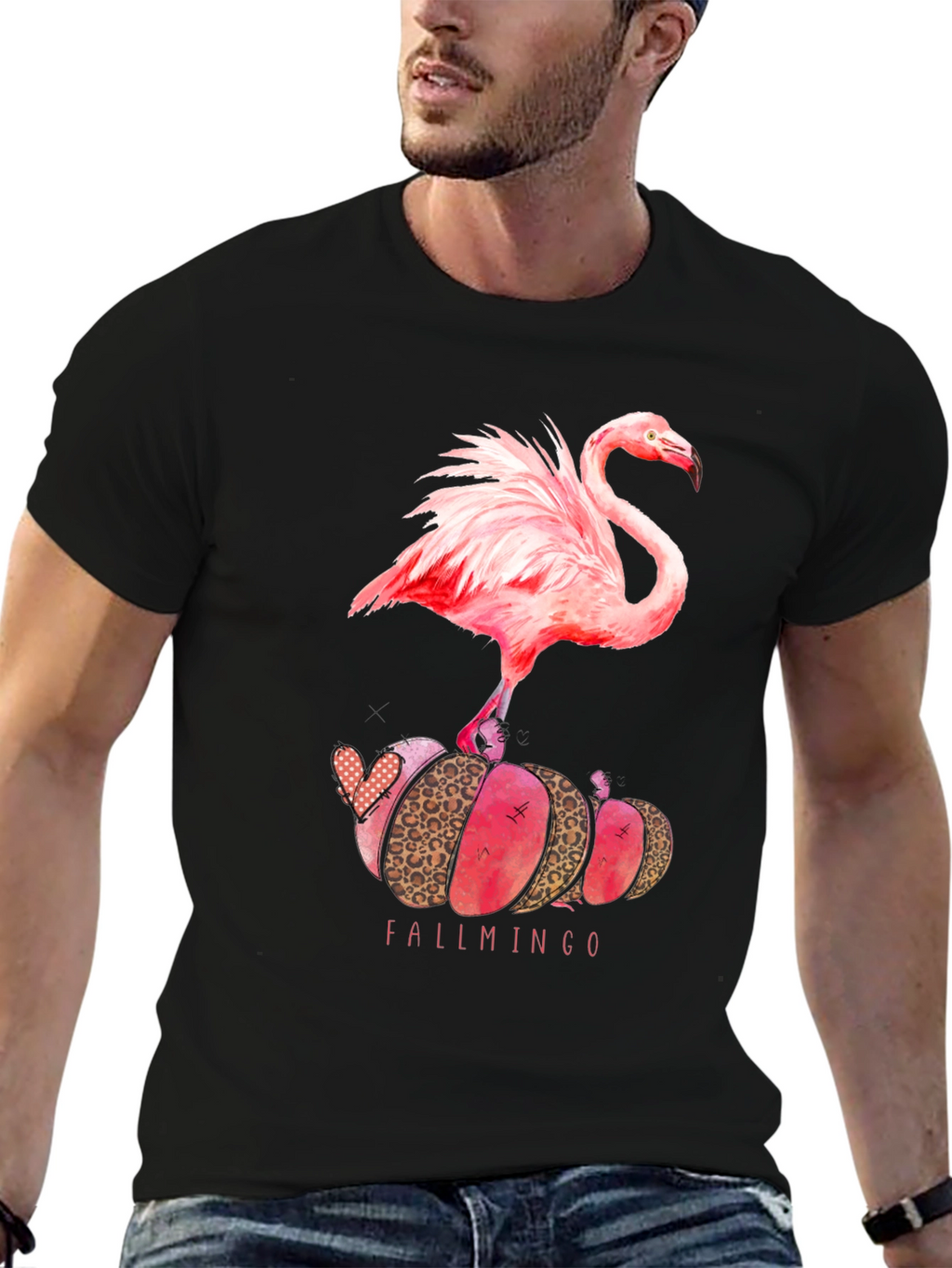Fallmingo T-Shirt: Pink Flamingo Pumpkin Design