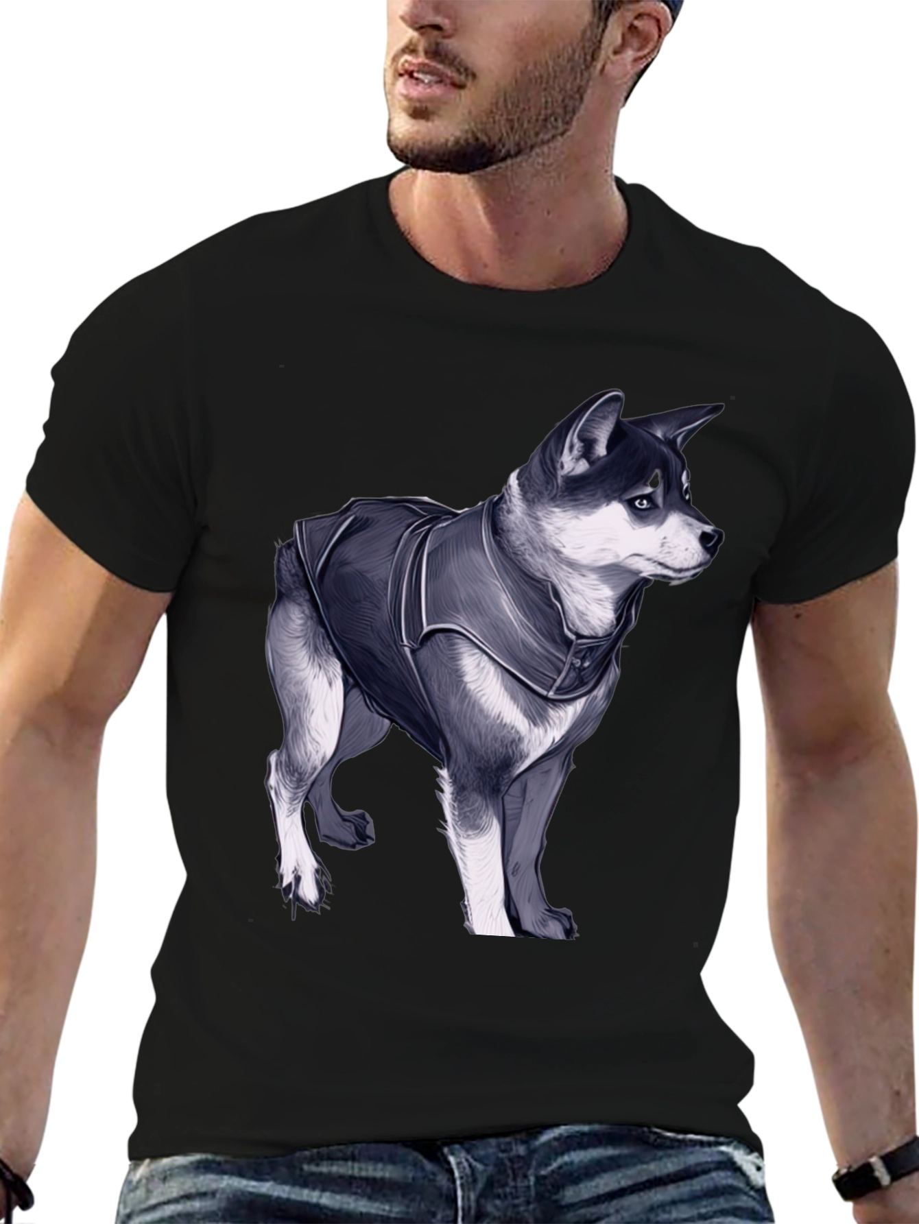 Dog in Jacket Graphic Tee - Black Casual T-Shirt