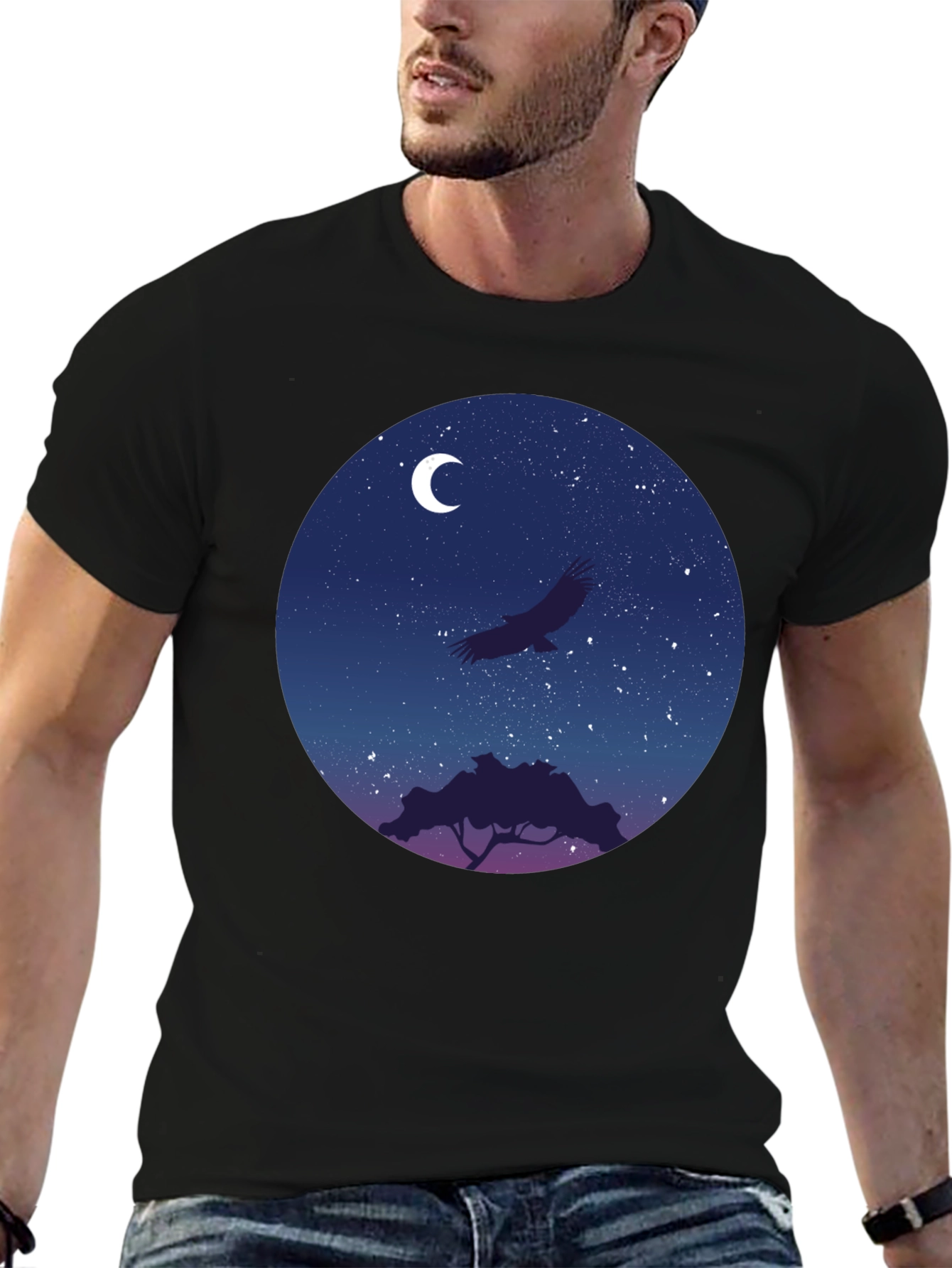 Night Sky Eagle Graphic Tee - Black Cotton Blend