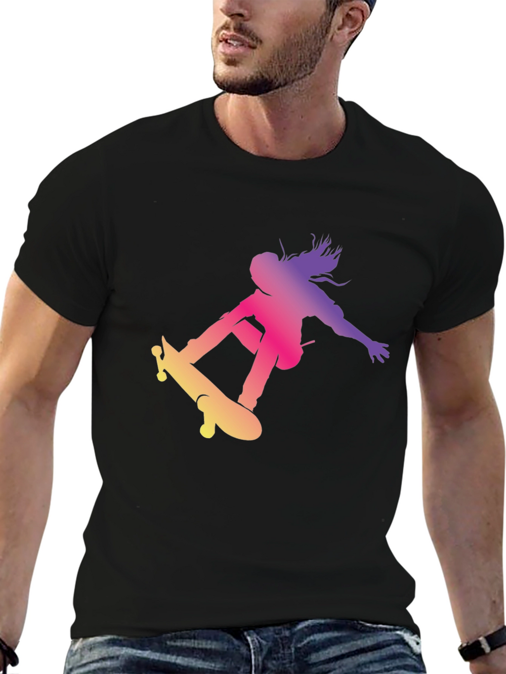 Skateboarder Graphic Black T-Shirt Cool Casual Top