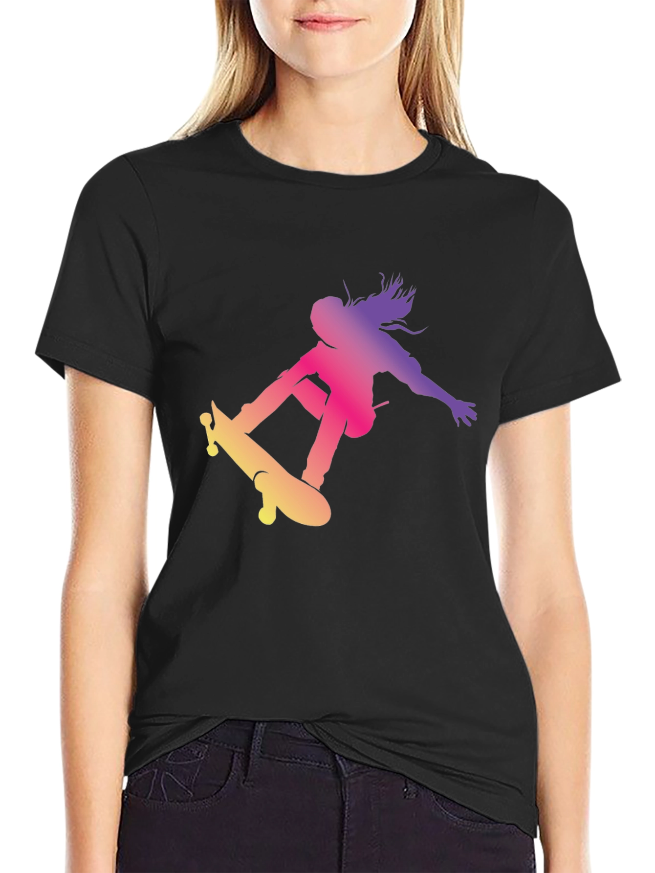 Skateboarder Graphic Black T-Shirt Cool Casual Top
