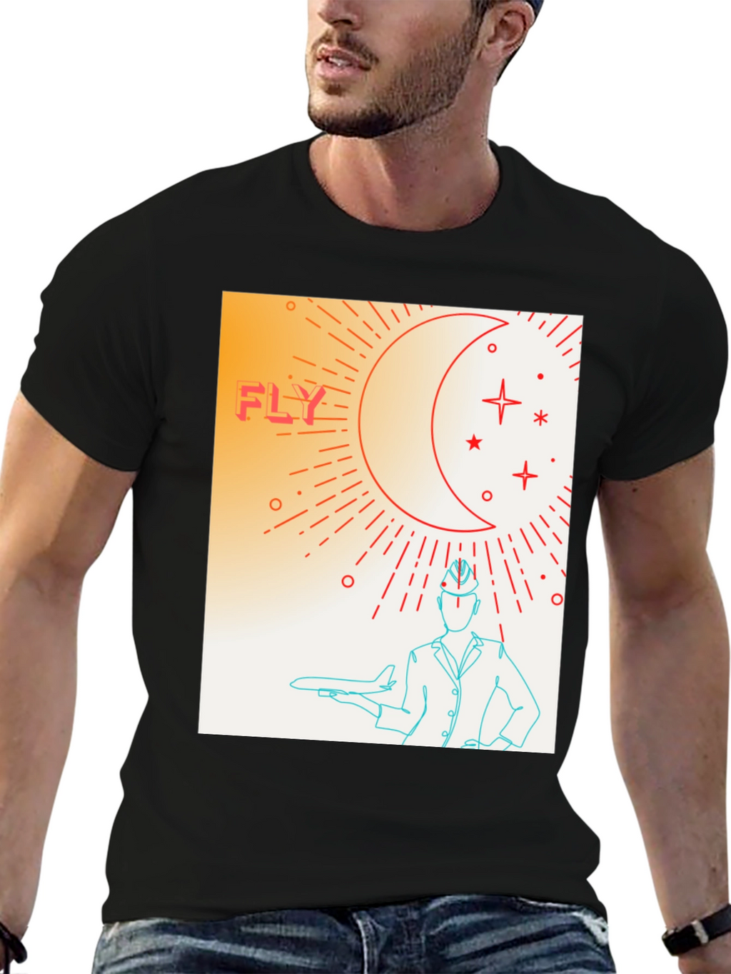 Fly High Graphic Tee - Airplane & Stars Design