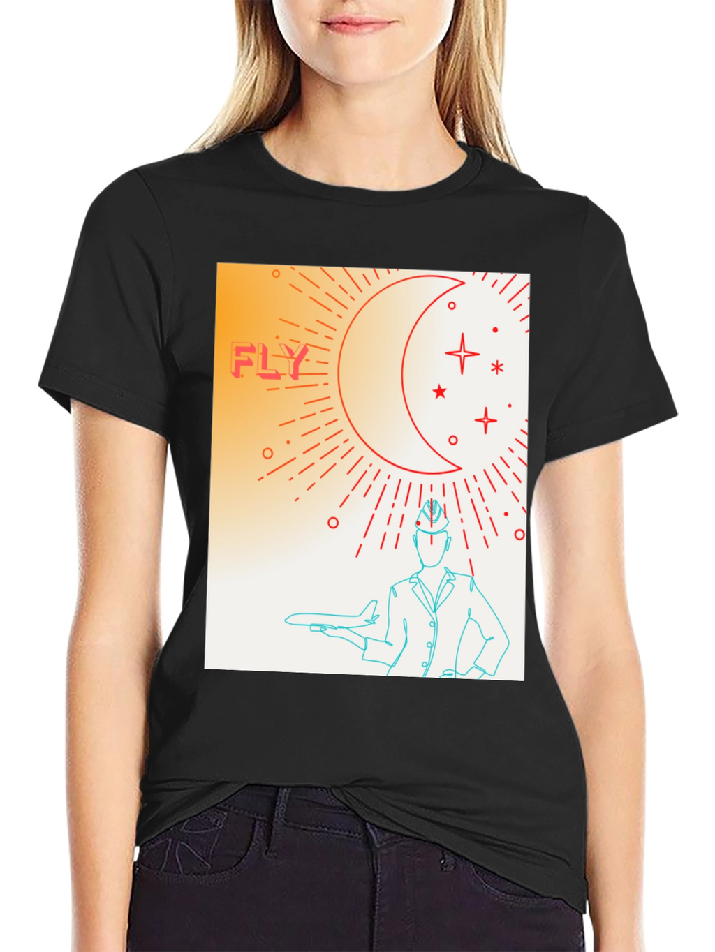 Fly High Graphic Tee - Airplane & Stars Design