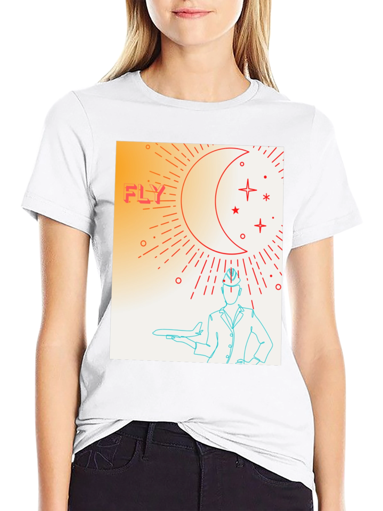Fly High Graphic Tee - Airplane & Stars Design
