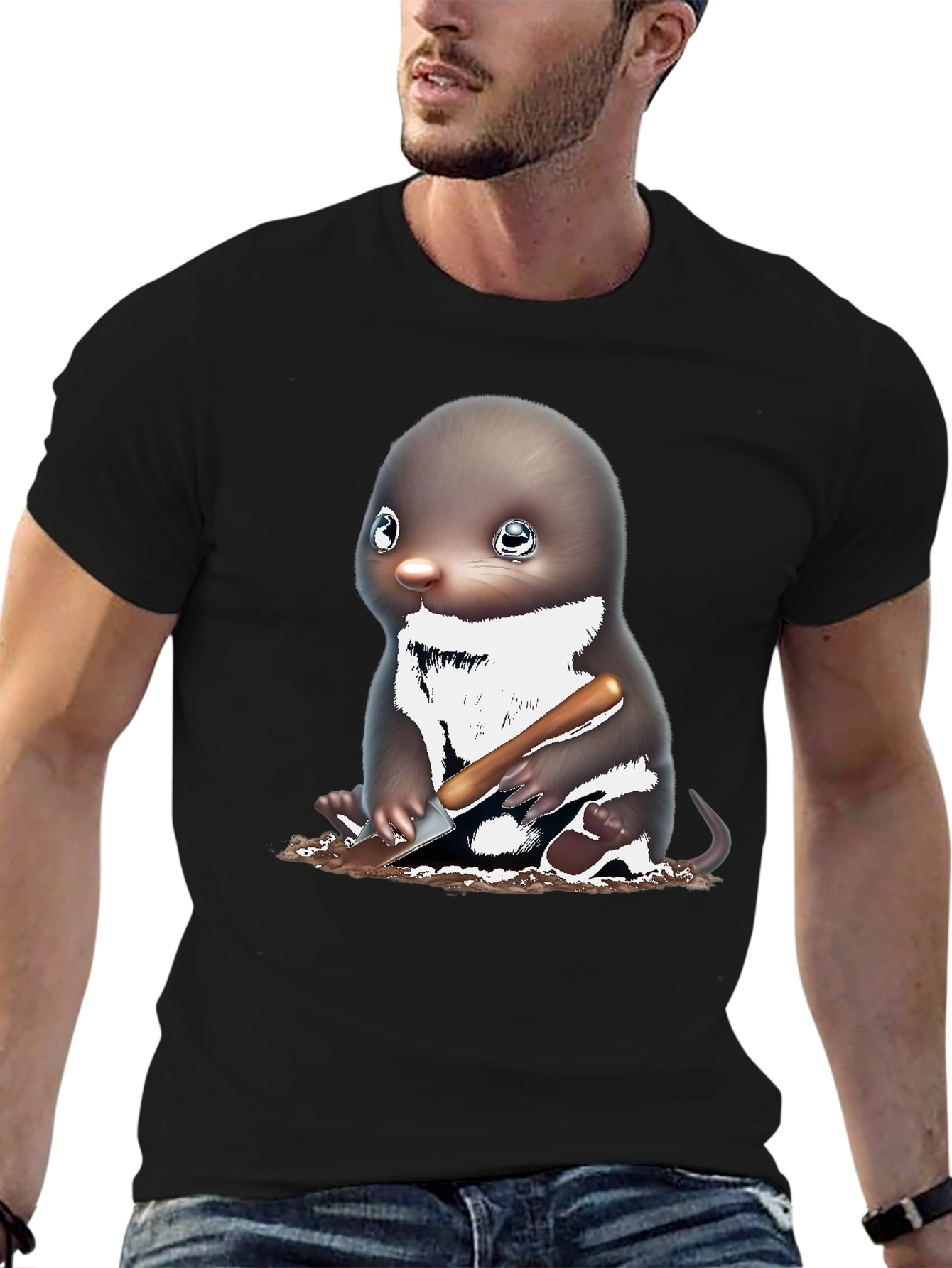 Mole Digging T-Shirt Black Cotton Tee