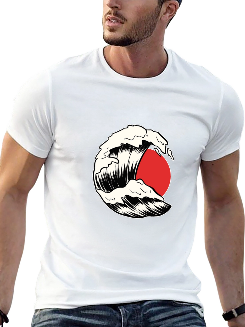 Wave and Sun Graphic Tee - Black Cotton T-Shirt