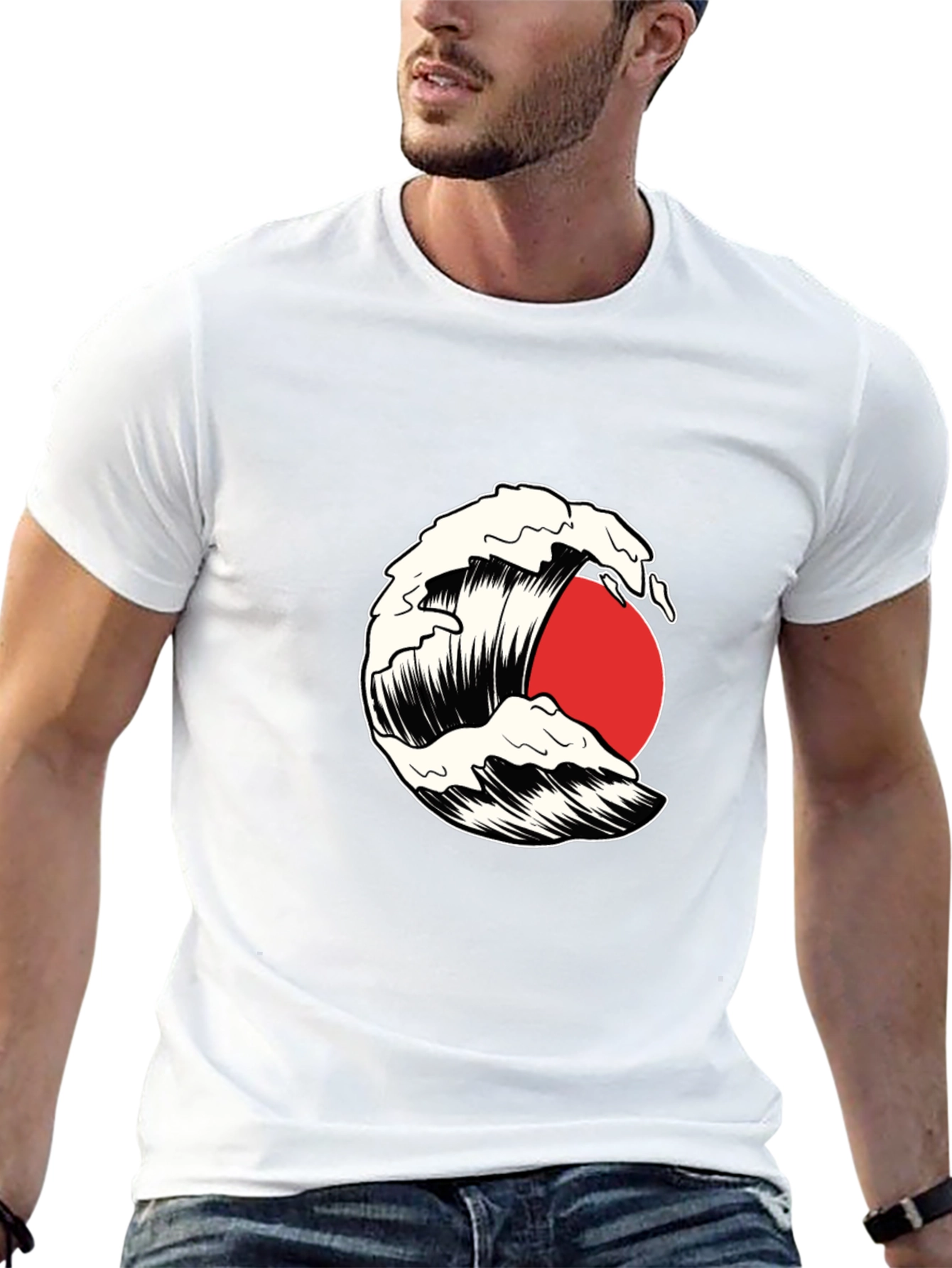 Wave and Sun Graphic Tee - Black Cotton T-Shirt