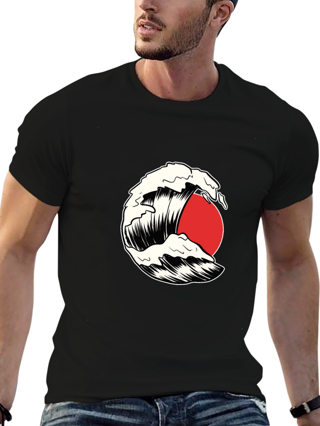 Wave and Sun Graphic Tee - Black Cotton T-Shirt