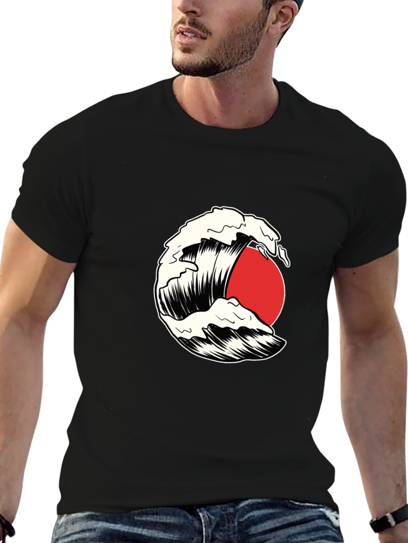 Wave and Sun Graphic Tee - Black Cotton T-Shirt