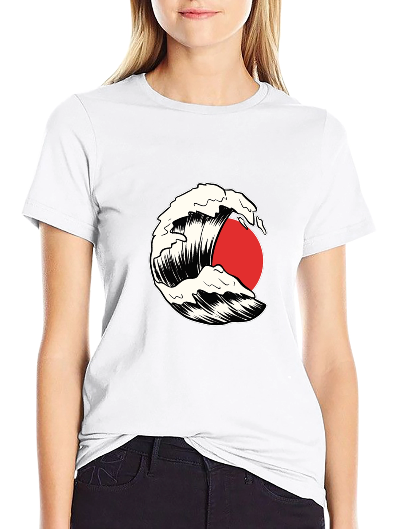 Wave and Sun Graphic Tee - Black Cotton T-Shirt