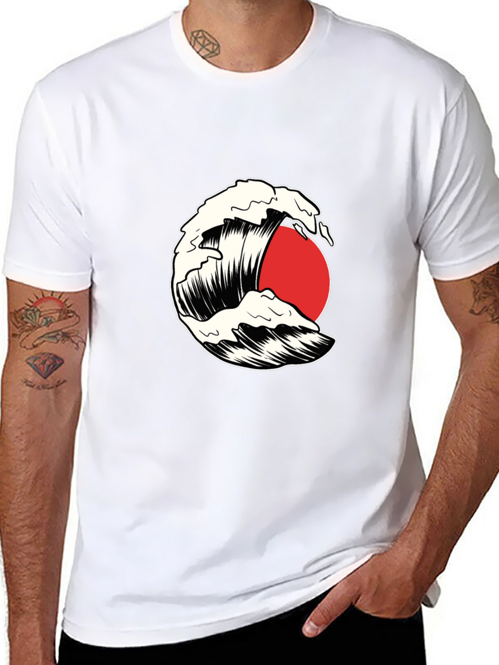 Wave and Sun Graphic Tee - Black Cotton T-Shirt
