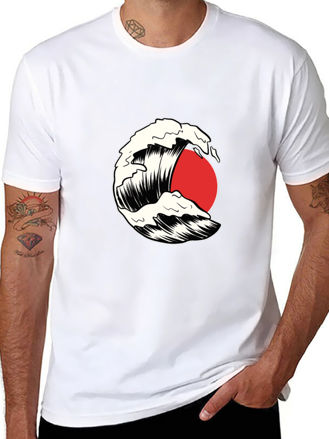 Wave and Sun Graphic Tee - Black Cotton T-Shirt