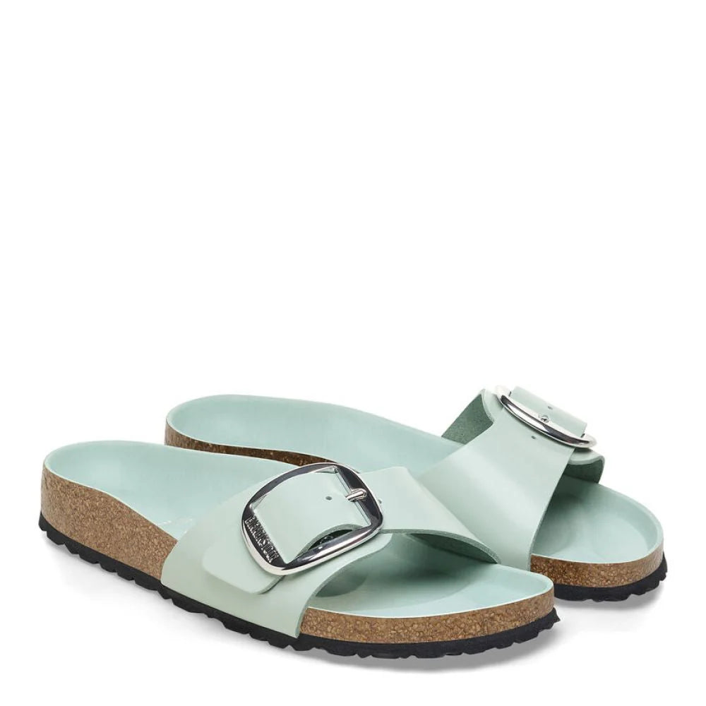 Birkenstock Women's Madrid Big Buckle Natural Leather Patent in High-Shine Surf Green