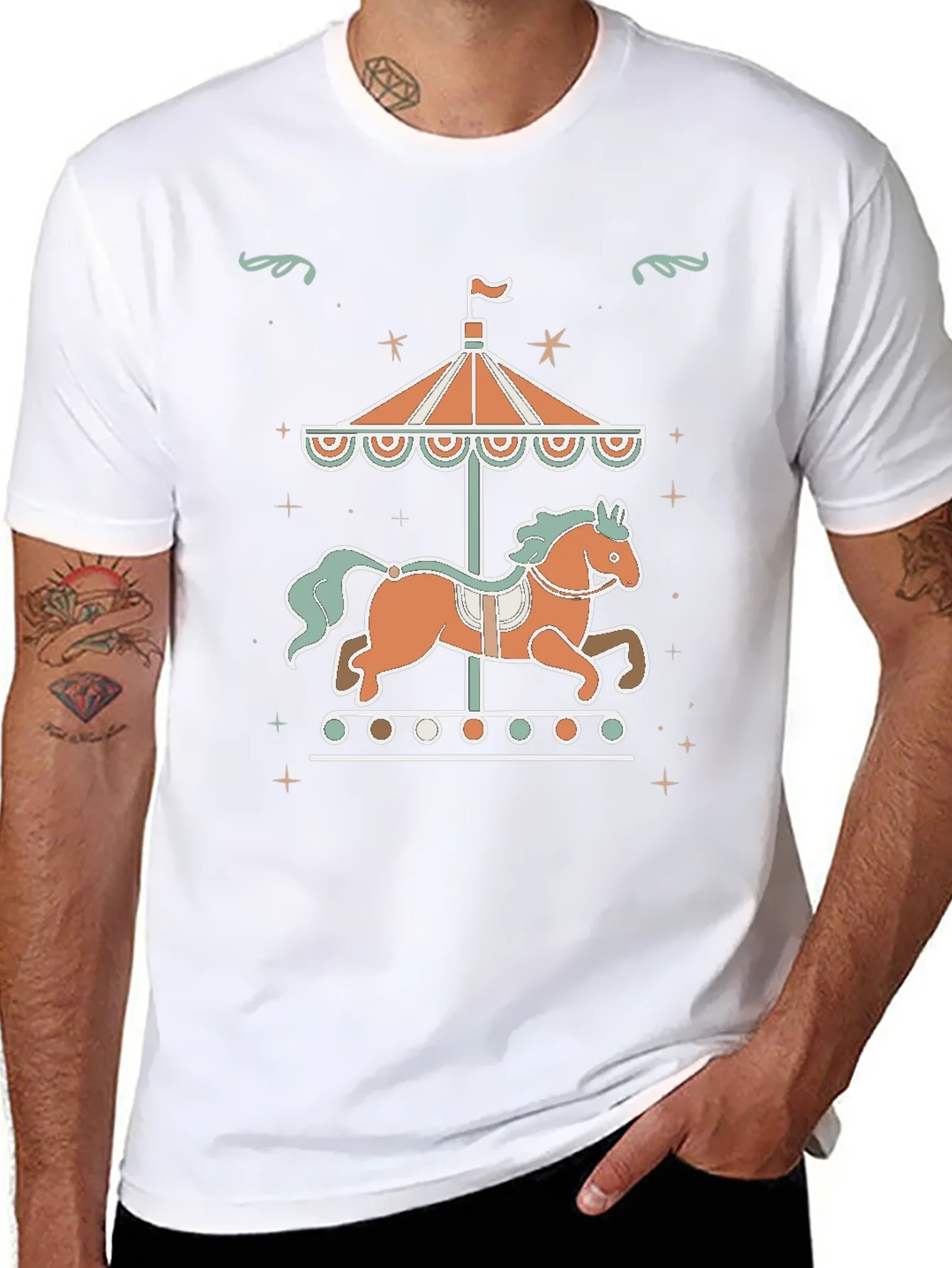 Carousel Horse Graphic Tee - Black Cotton Blend Shirt