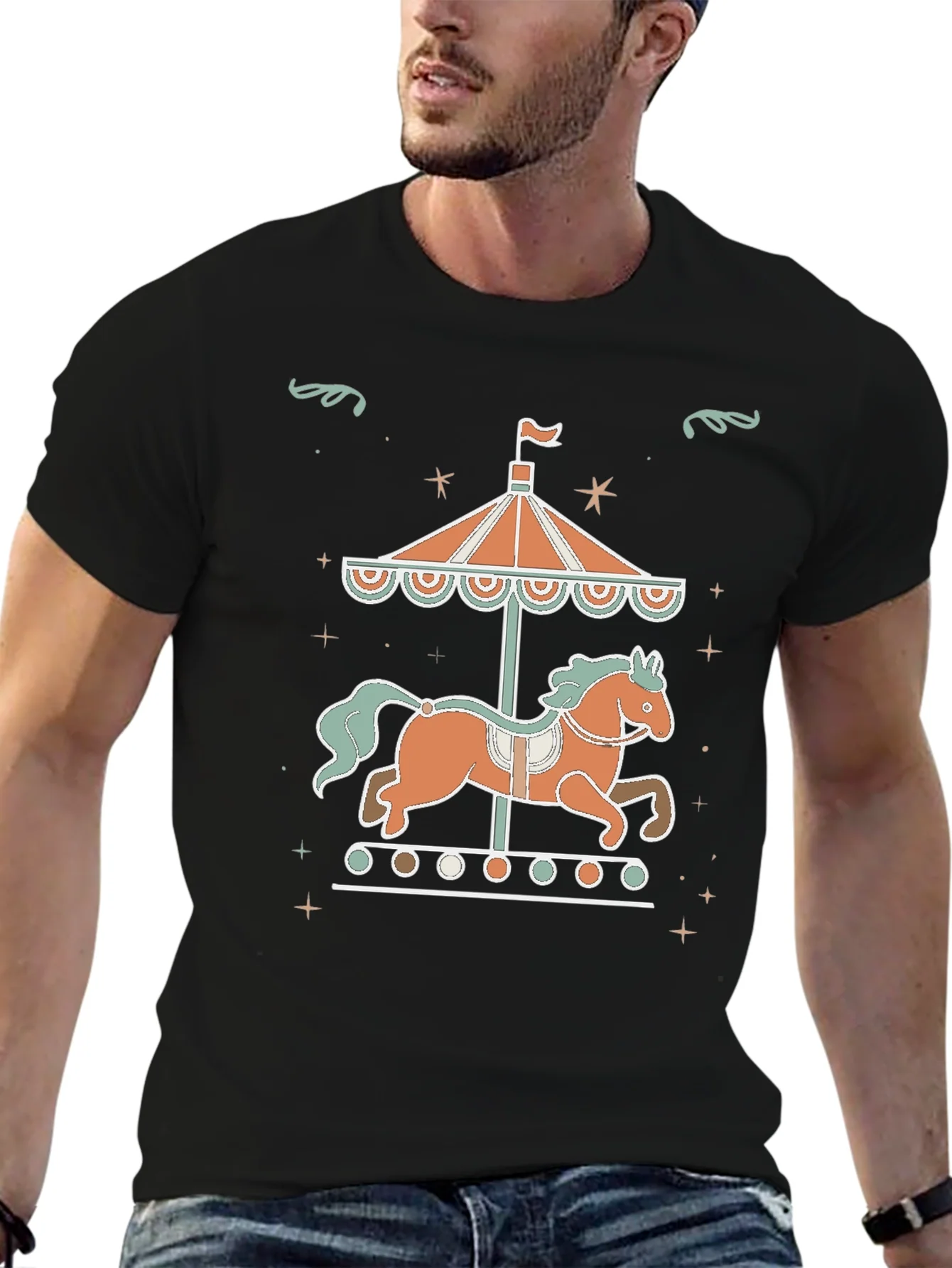 Carousel Horse Graphic Tee - Black Cotton Blend Shirt