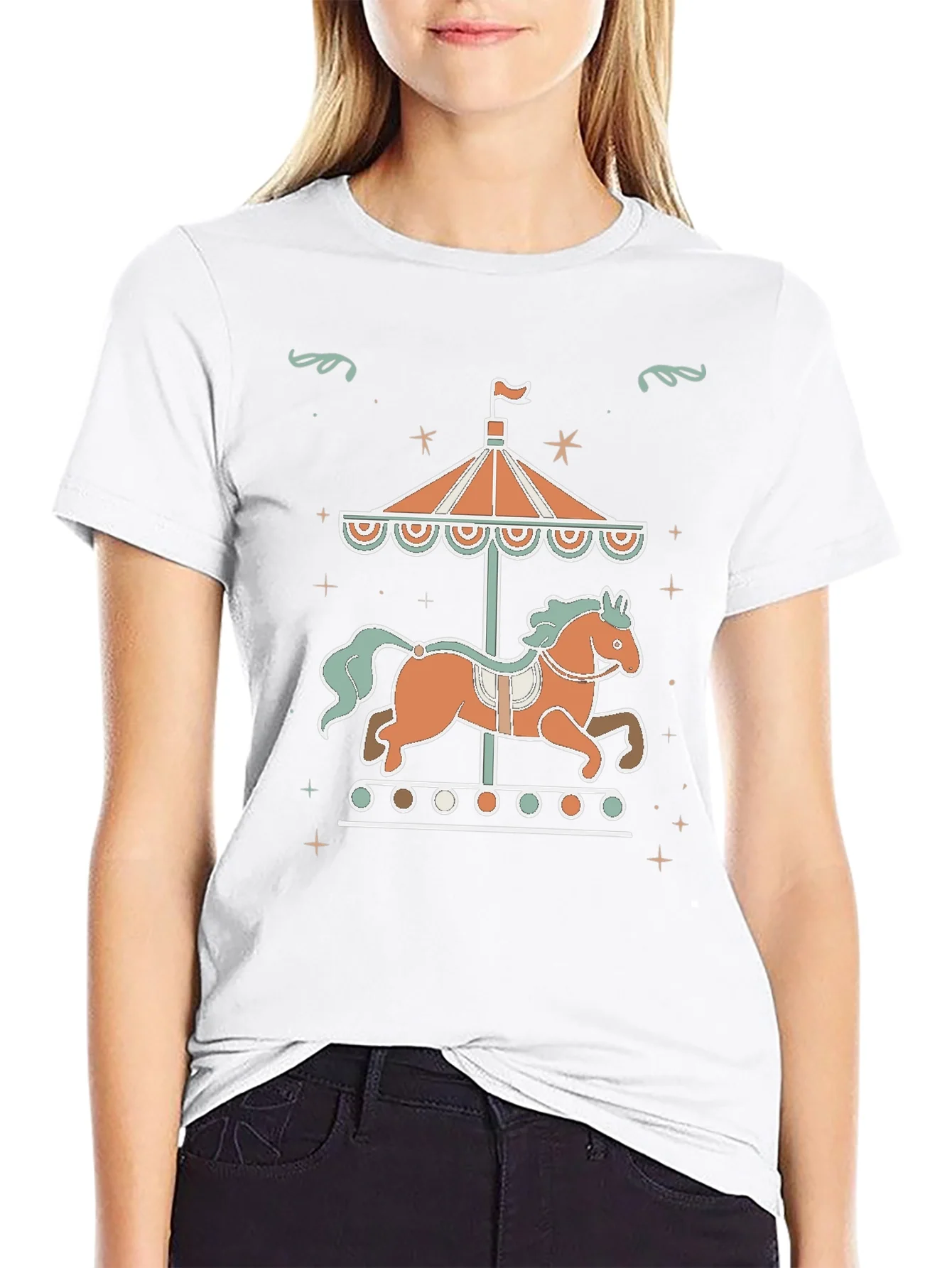 Carousel Horse Graphic Tee - Black Cotton Blend Shirt