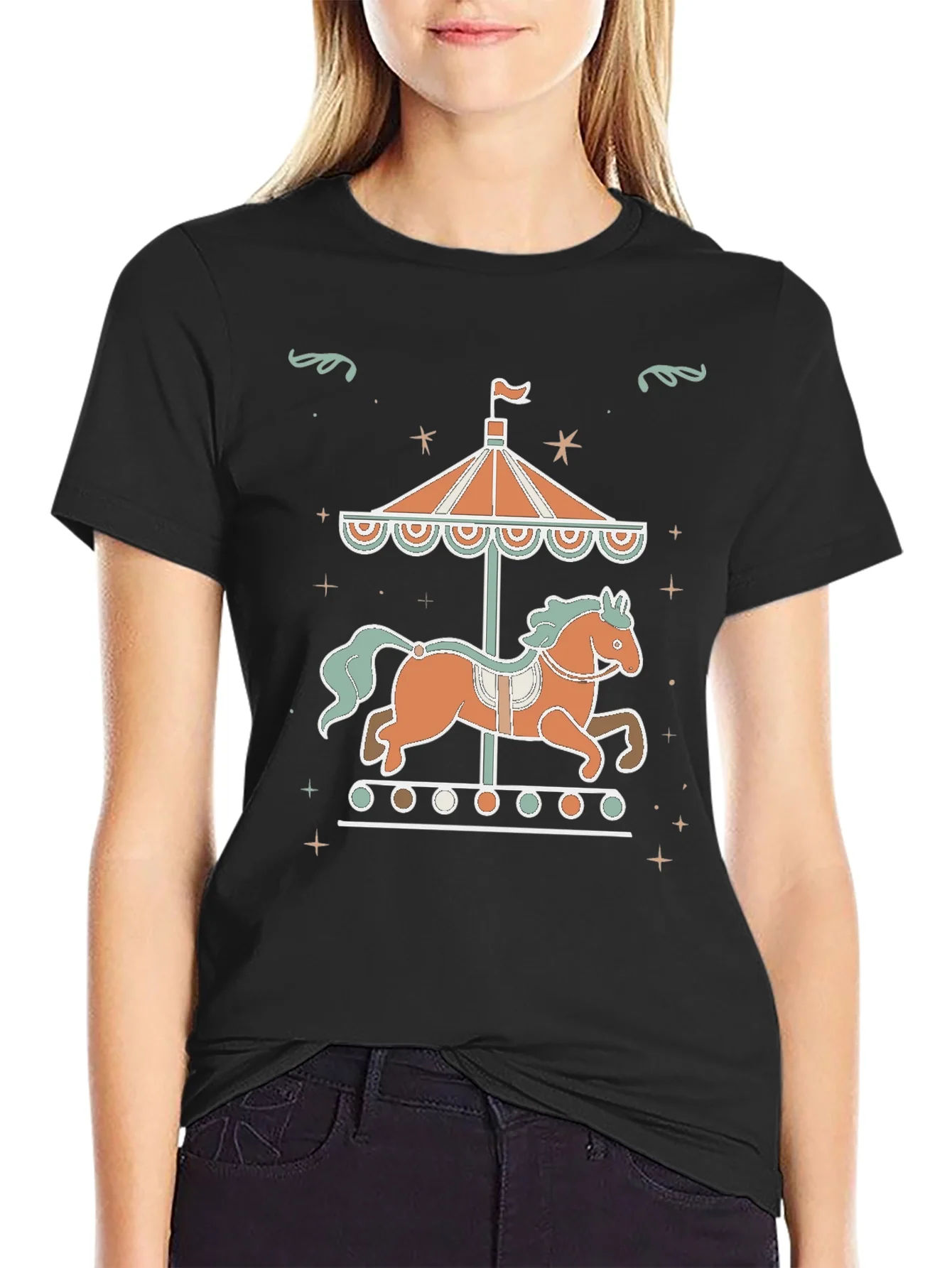 Carousel Horse Graphic Tee - Black Cotton Blend Shirt