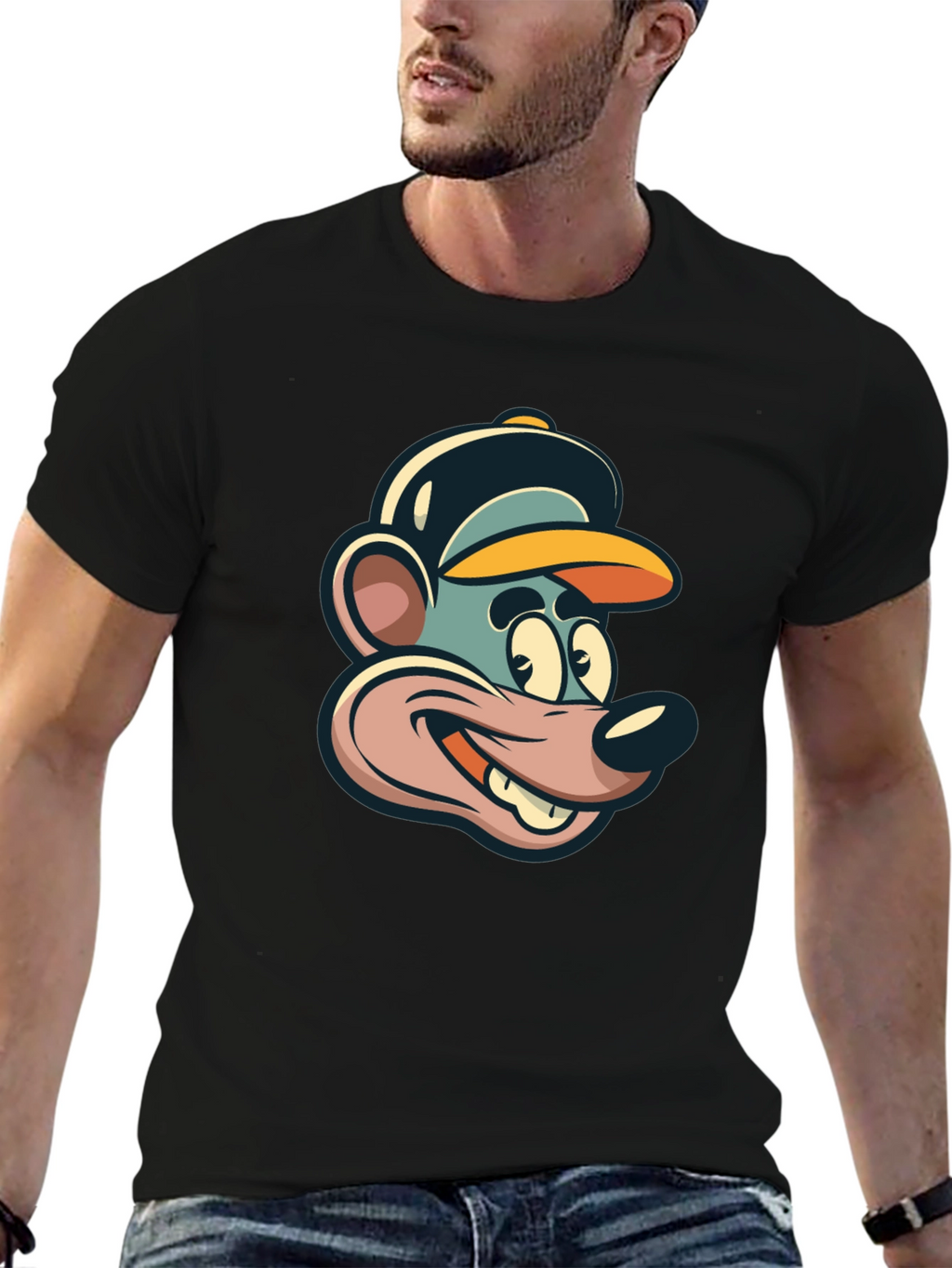 Cartoon Mouse Graphic Tee - Black Cotton T-Shirt