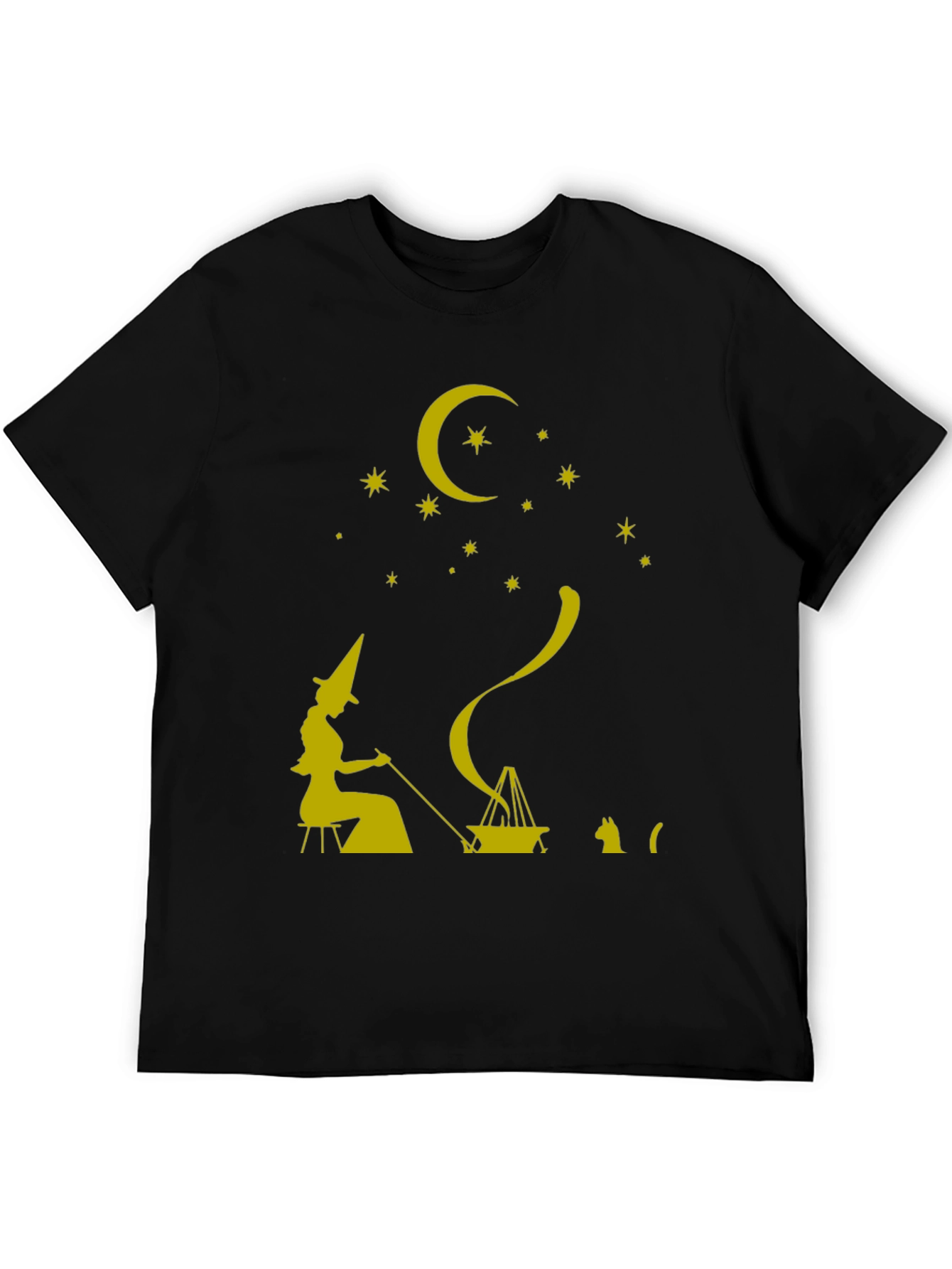 Whimsical Witch & Cat Graphic Tee - Unisex Black T-Shirt
