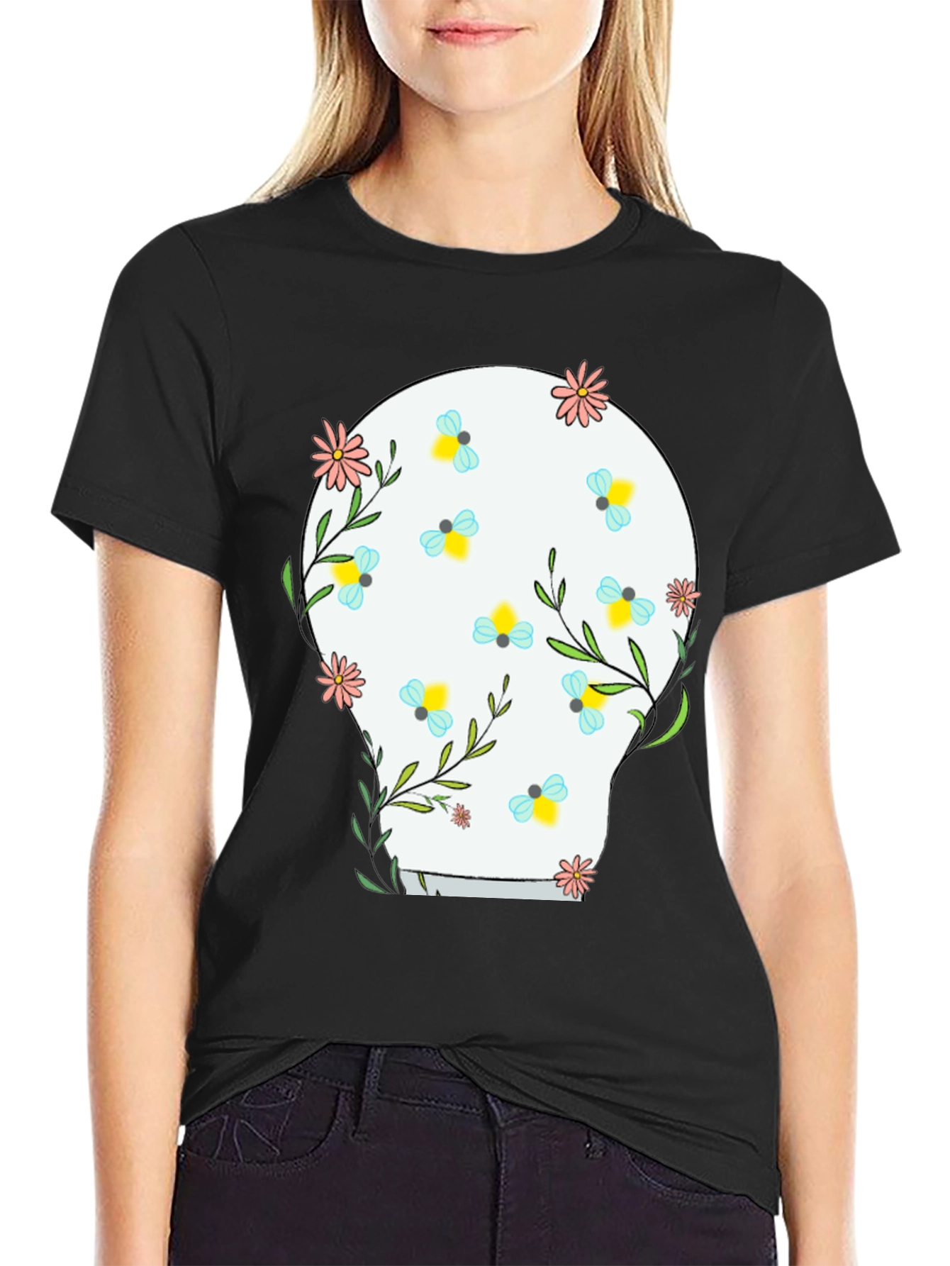 Floral Skull Graphic Tee - Black