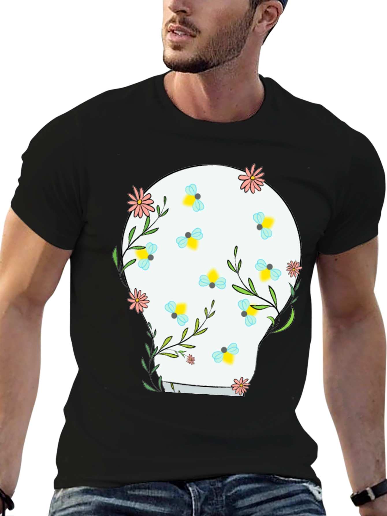Floral Skull Graphic Tee - Black