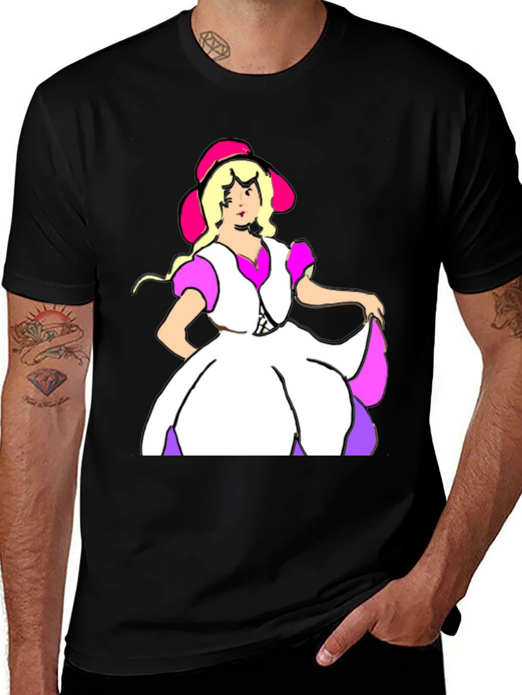 Cartoon Dress Lady Black Tee