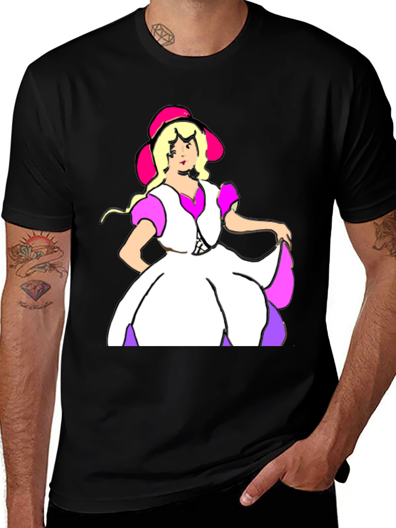 Cartoon Dress Lady Black Tee