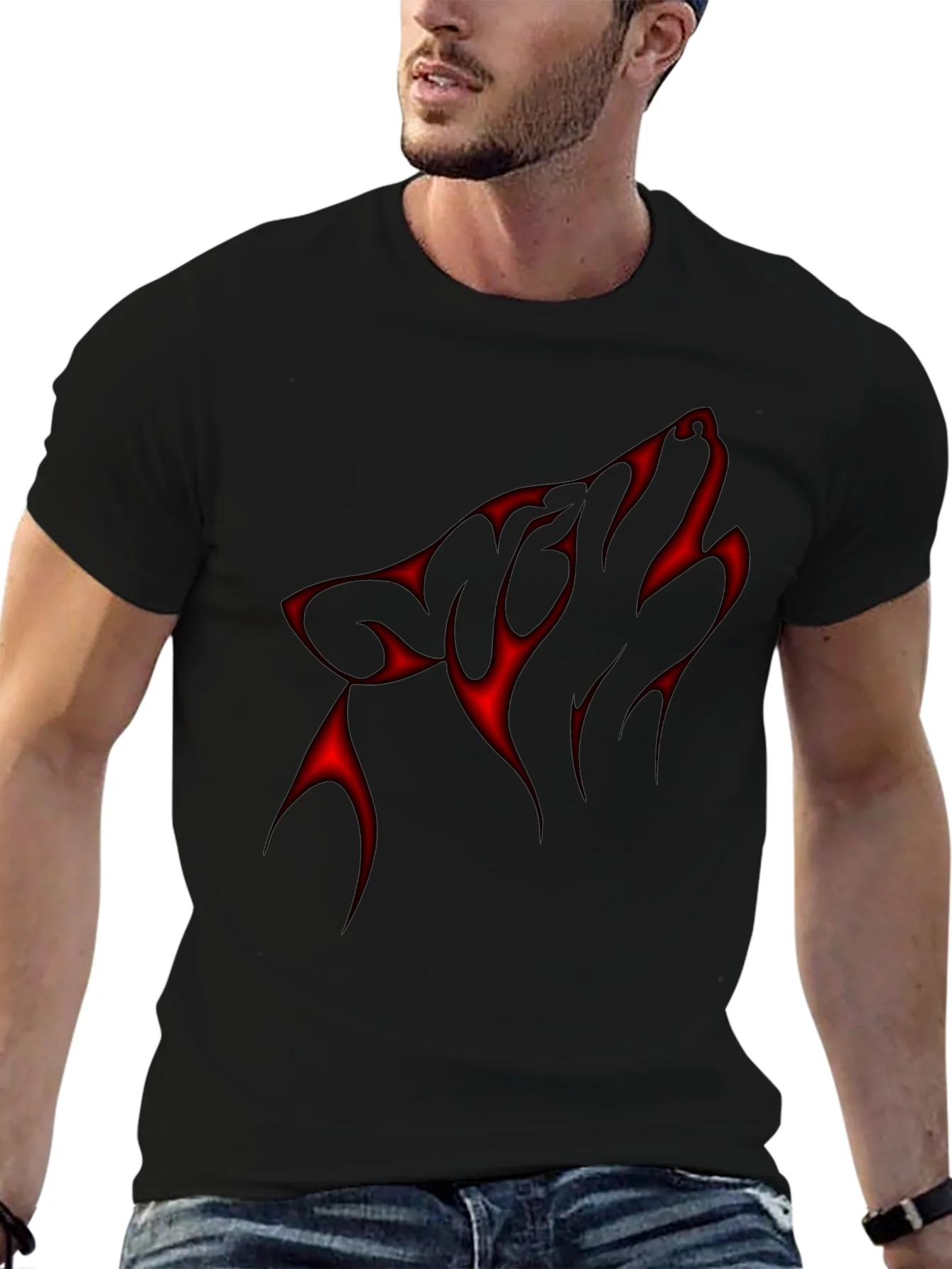 Black T-Shirt with Red Wolf Design