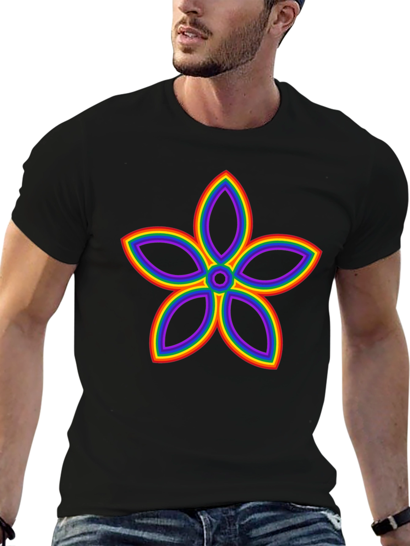 Rainbow Flower Graphic Black T-Shirt