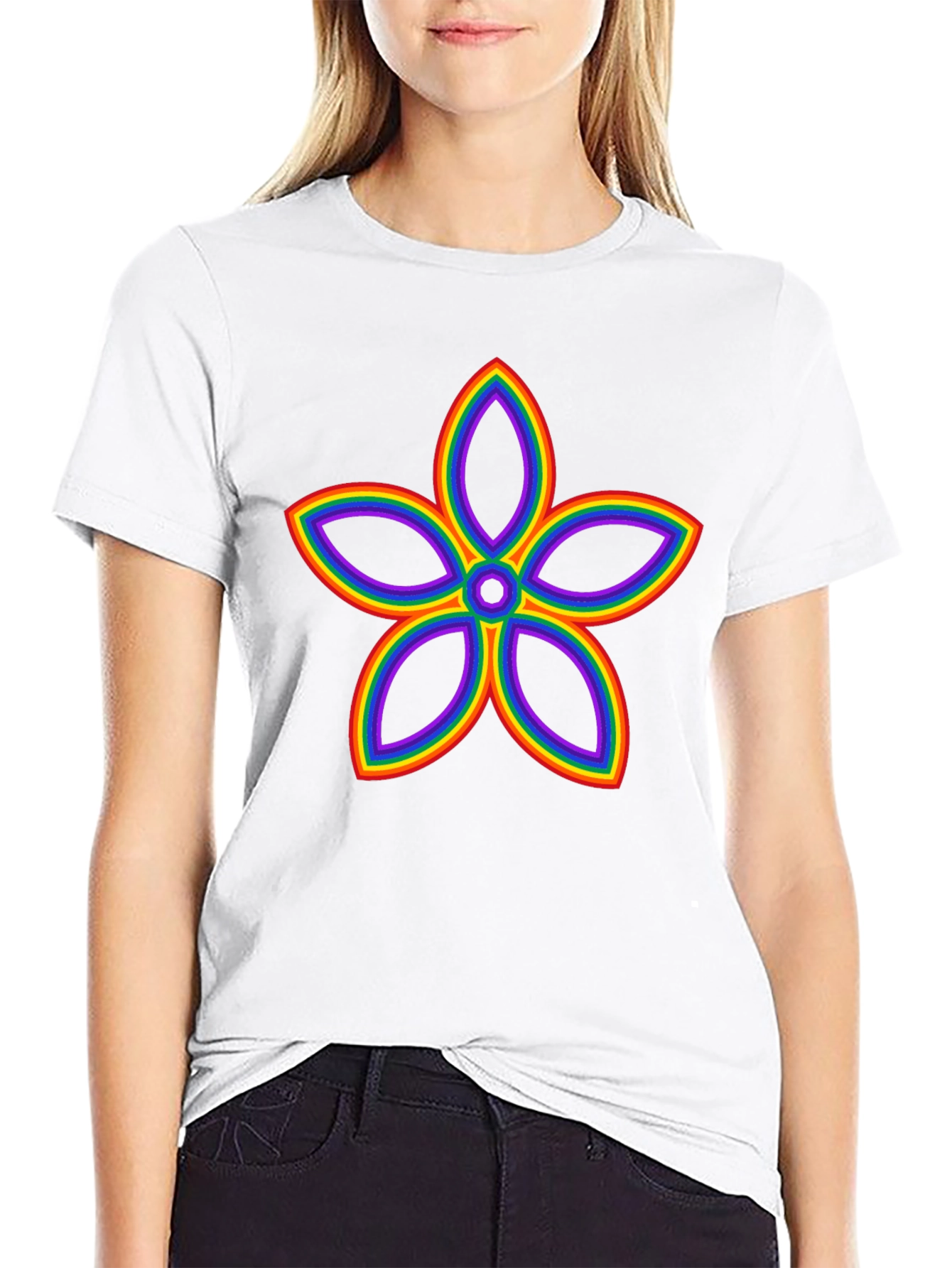 Rainbow Flower Graphic Black T-Shirt