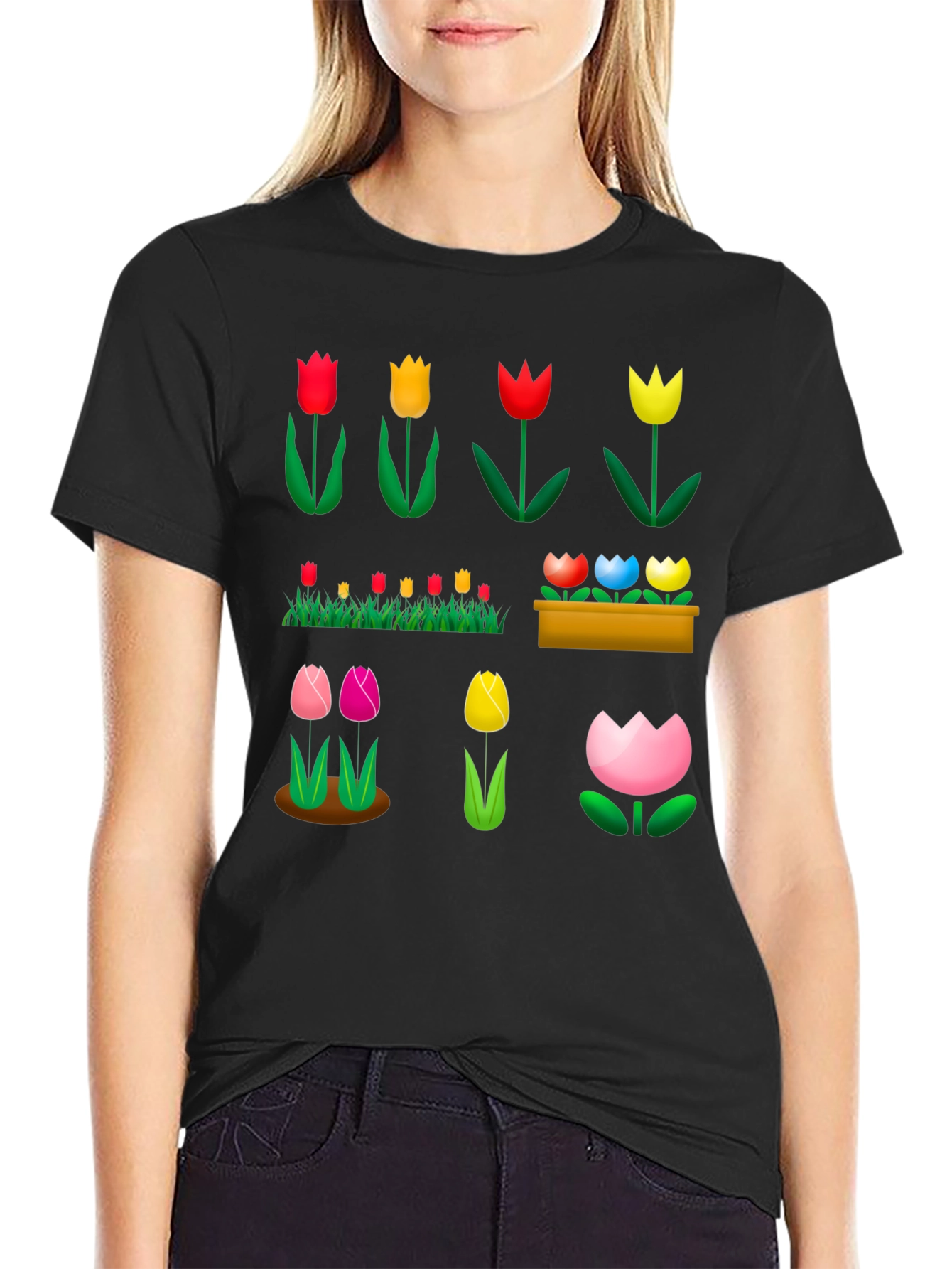 Floral Tulip Garden Black T-Shirt