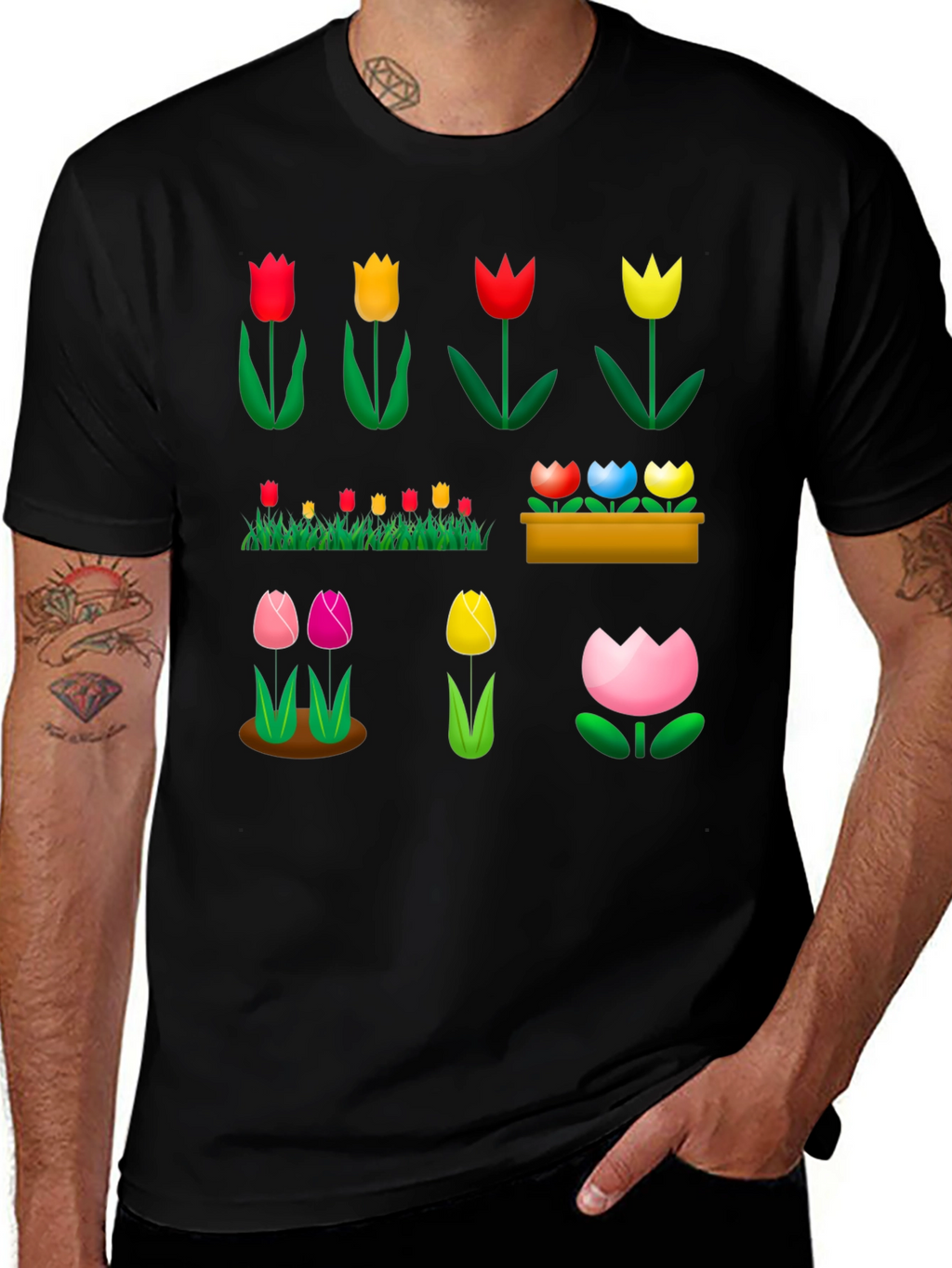 Floral Tulip Garden Black T-Shirt