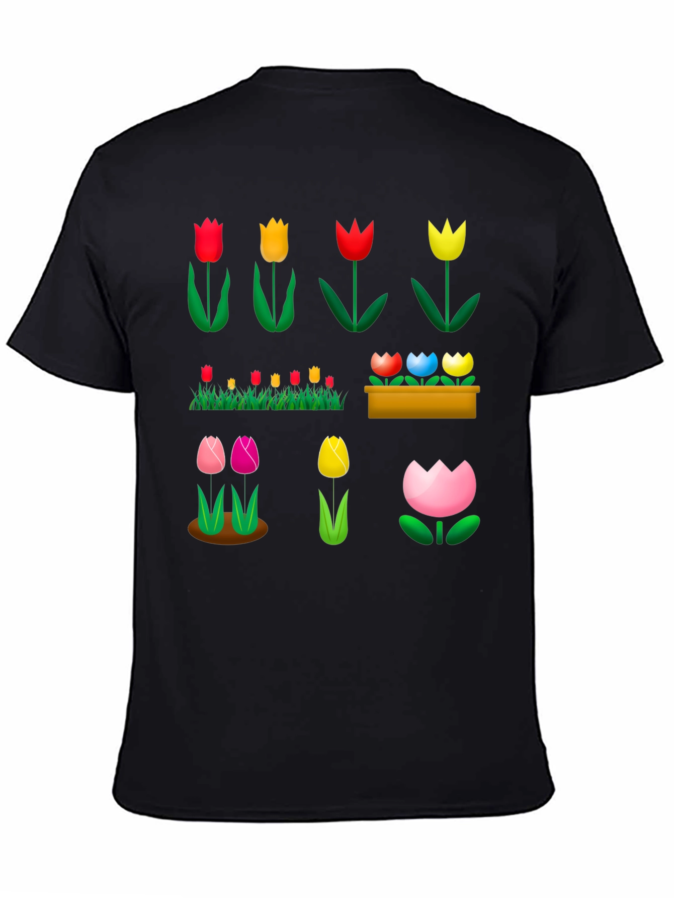 Floral Tulip Garden Black T-Shirt