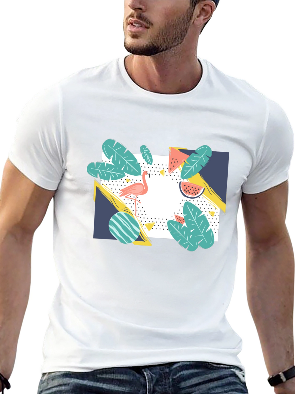 Tropical Flamingo Graphic Print Black T-Shirt