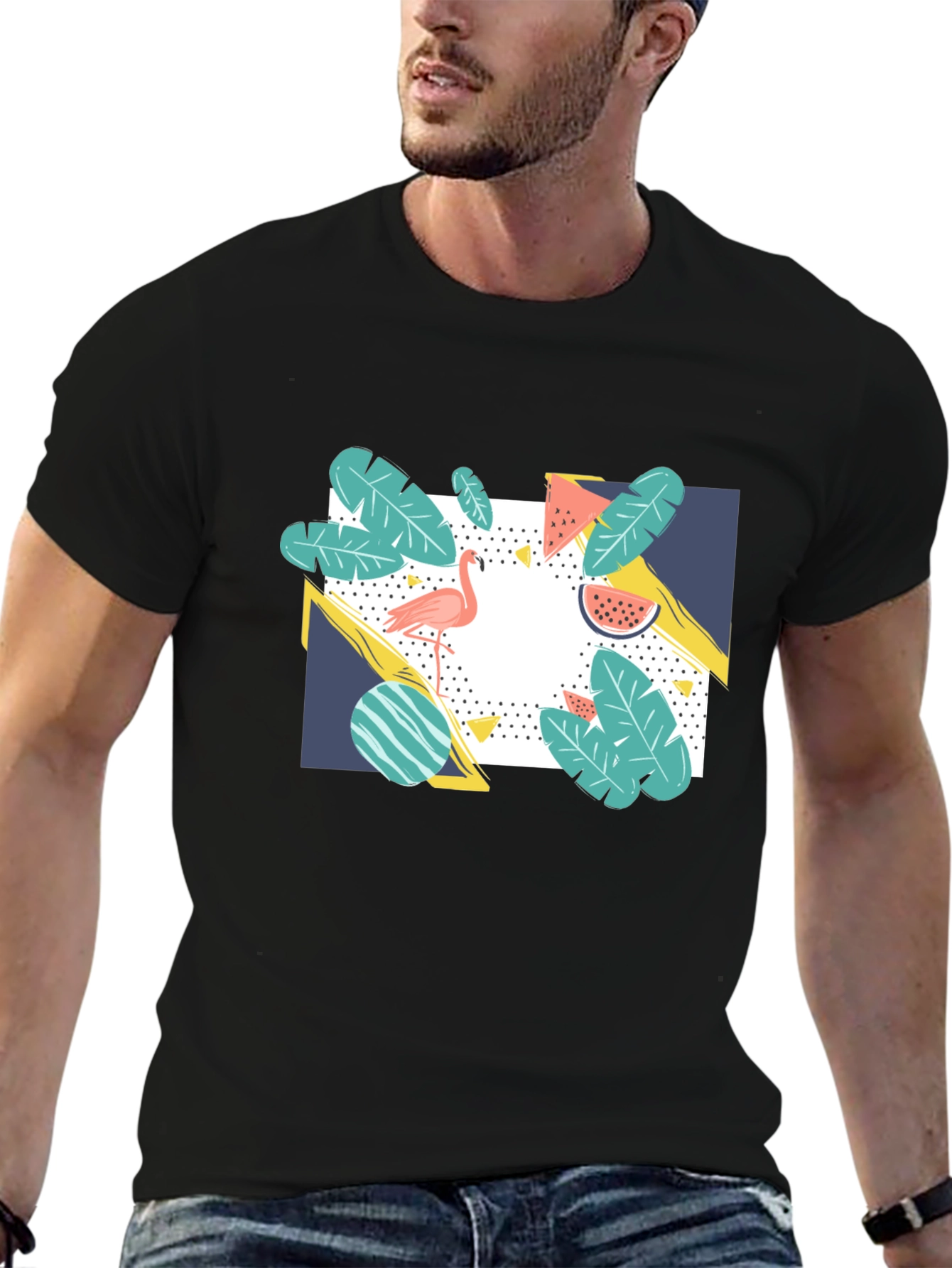 Tropical Flamingo Graphic Print Black T-Shirt