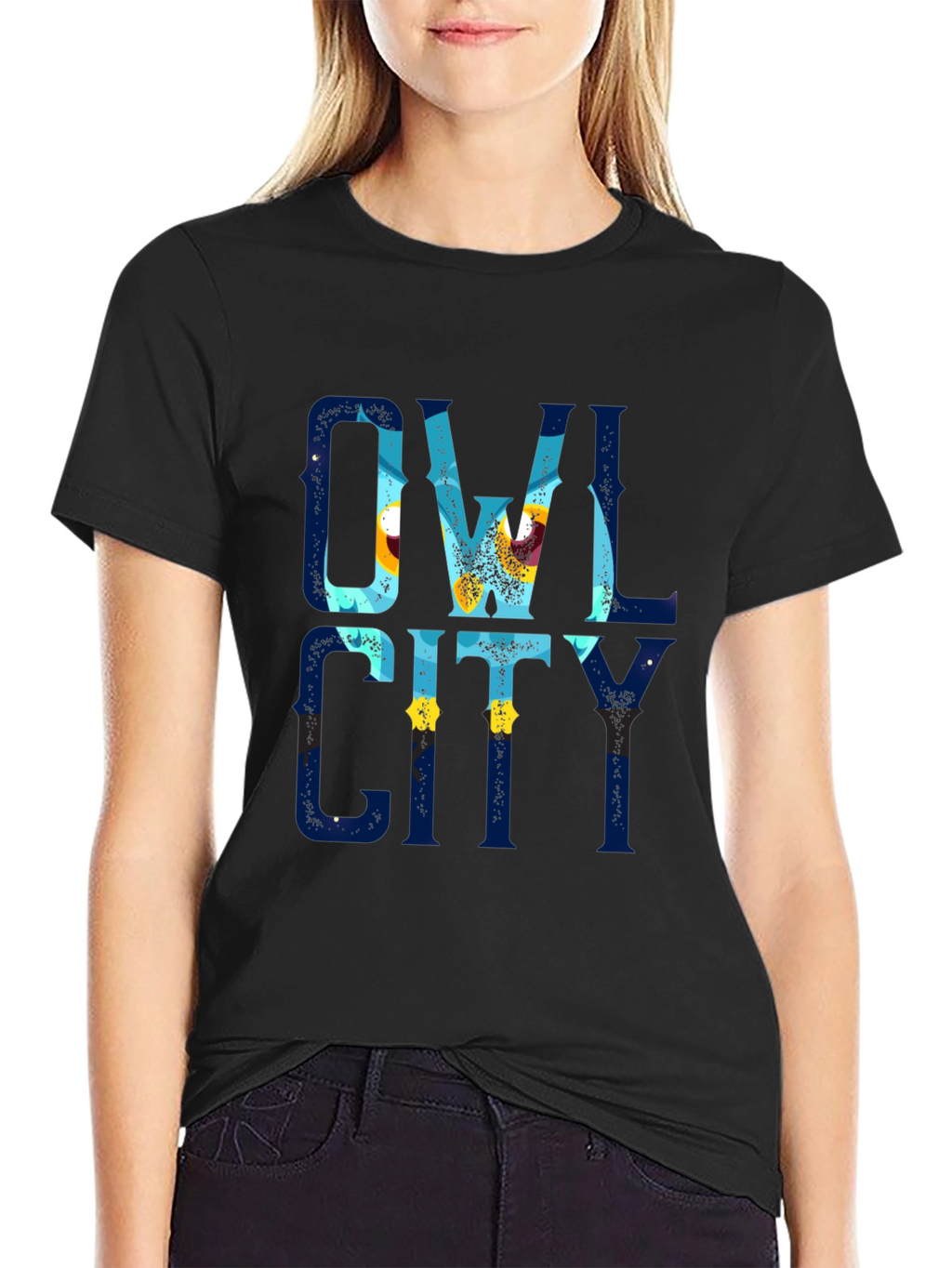 Owl City Graphic Print Black T-Shirt