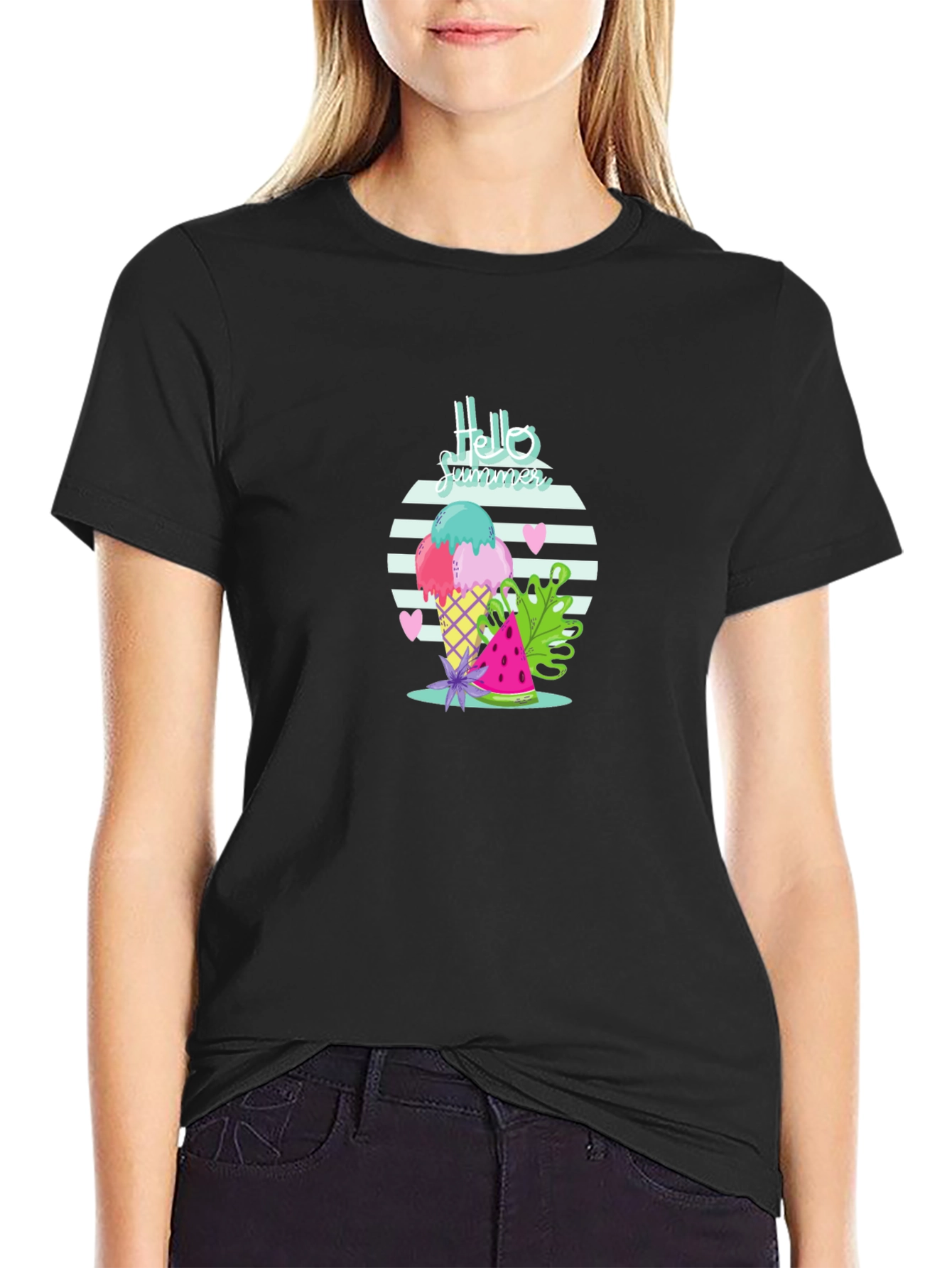 Hello Summer Ice Cream Black T-Shirt