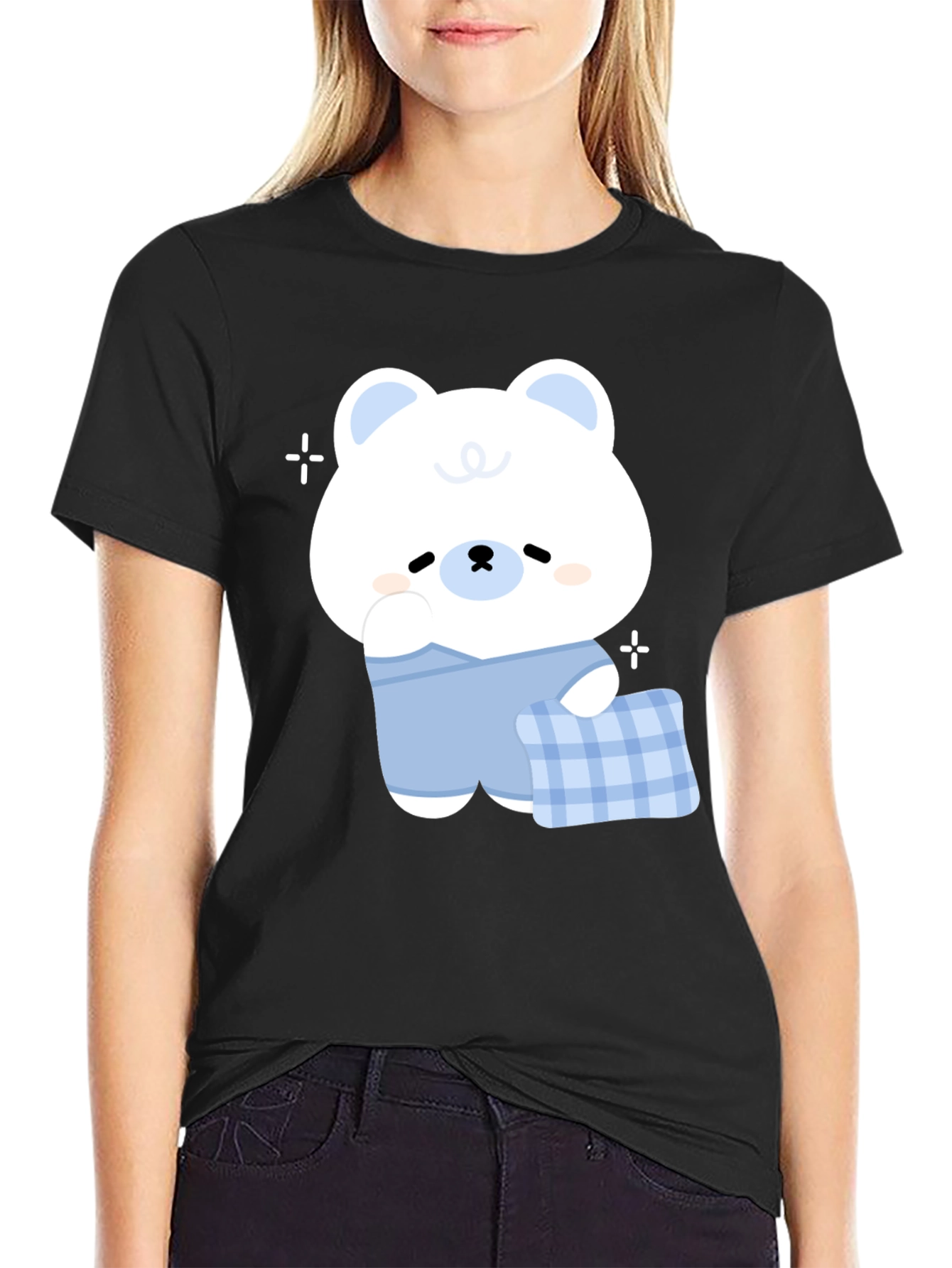 Cute Cartoon Bear Graphic Black T-Shirt