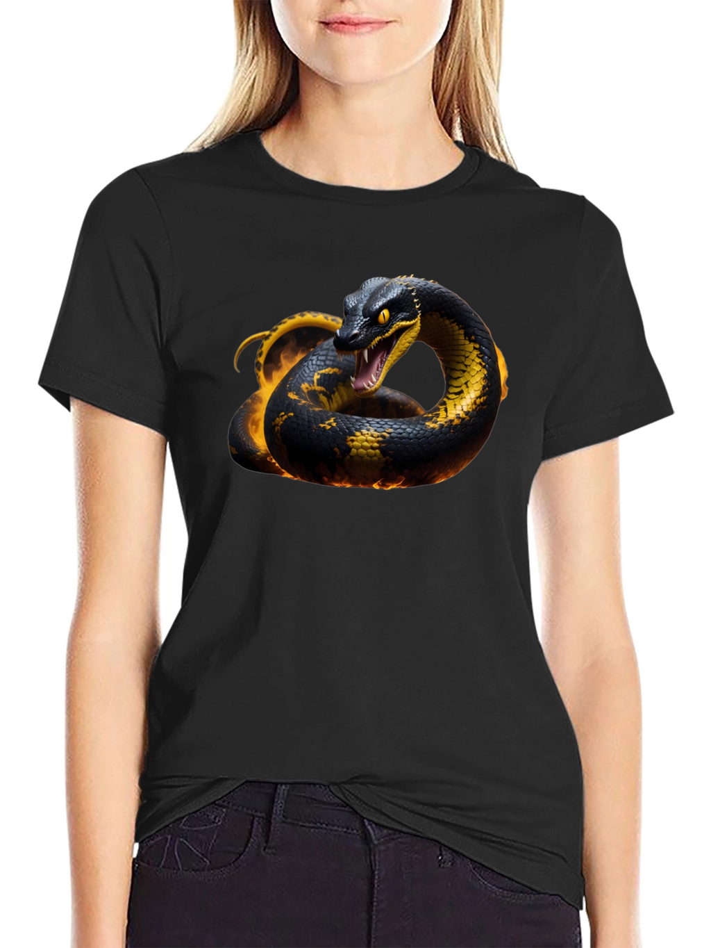 Black T-Shirt with Fiery Snake Design