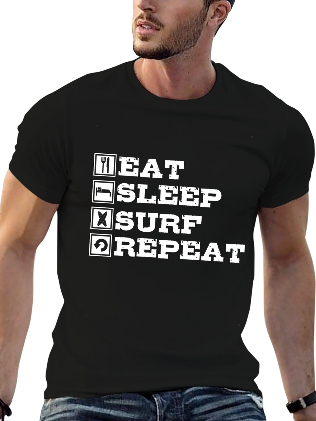 Eat Sleep Surf Repeat Black Graphic T-Shirt