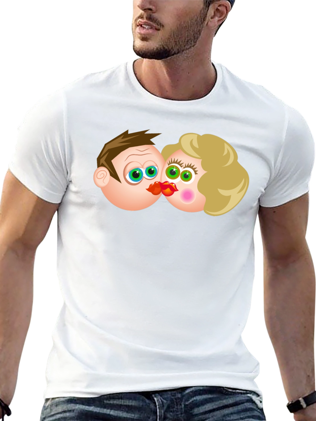 Cartoon Couple Kissing Black T-Shirt