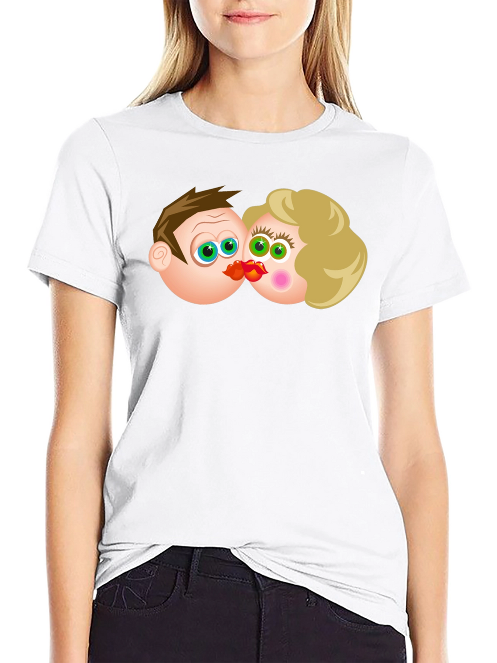 Cartoon Couple Kissing Black T-Shirt